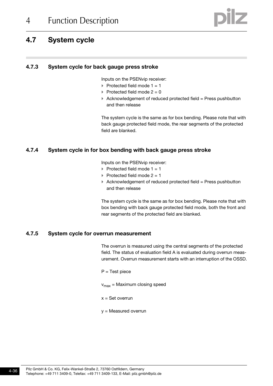 3 system cycle for back gauge press stroke, 5 system cycle for overrun measurement, 4function description | 7 system cycle | Pilz PSENvip RL D P User Manual | Page 63 / 148