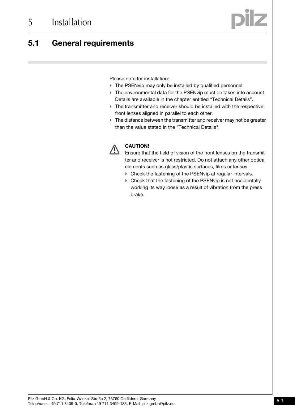 Installation, General requirements, 5installation | 1 general requirements | Pilz PSENvip RL D P User Manual | Page 66 / 148