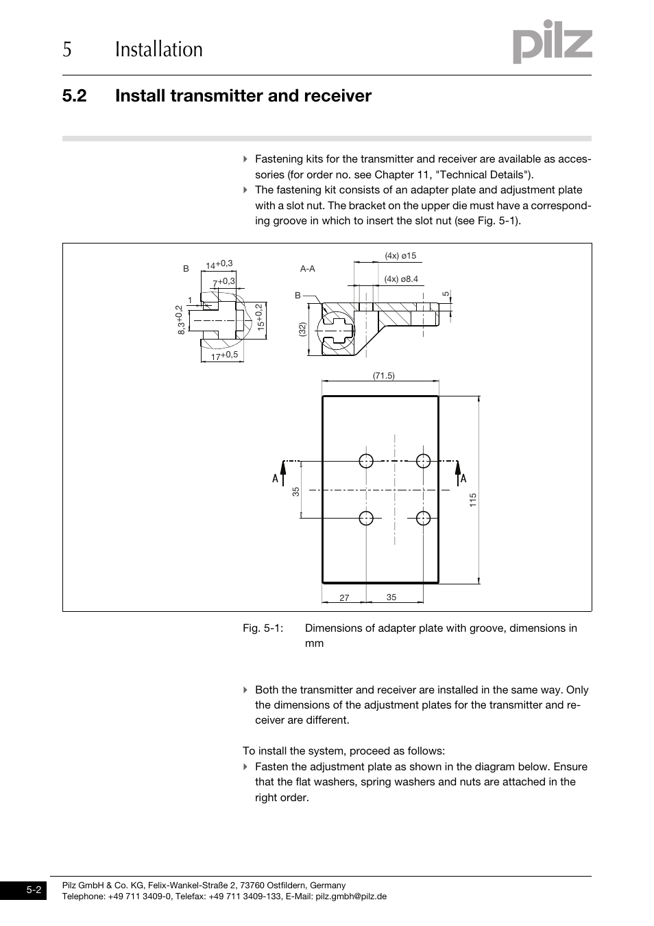 Install transmitter and receiver, 5installation, 2 install transmitter and receiver | Pilz PSENvip RL D P User Manual | Page 67 / 148