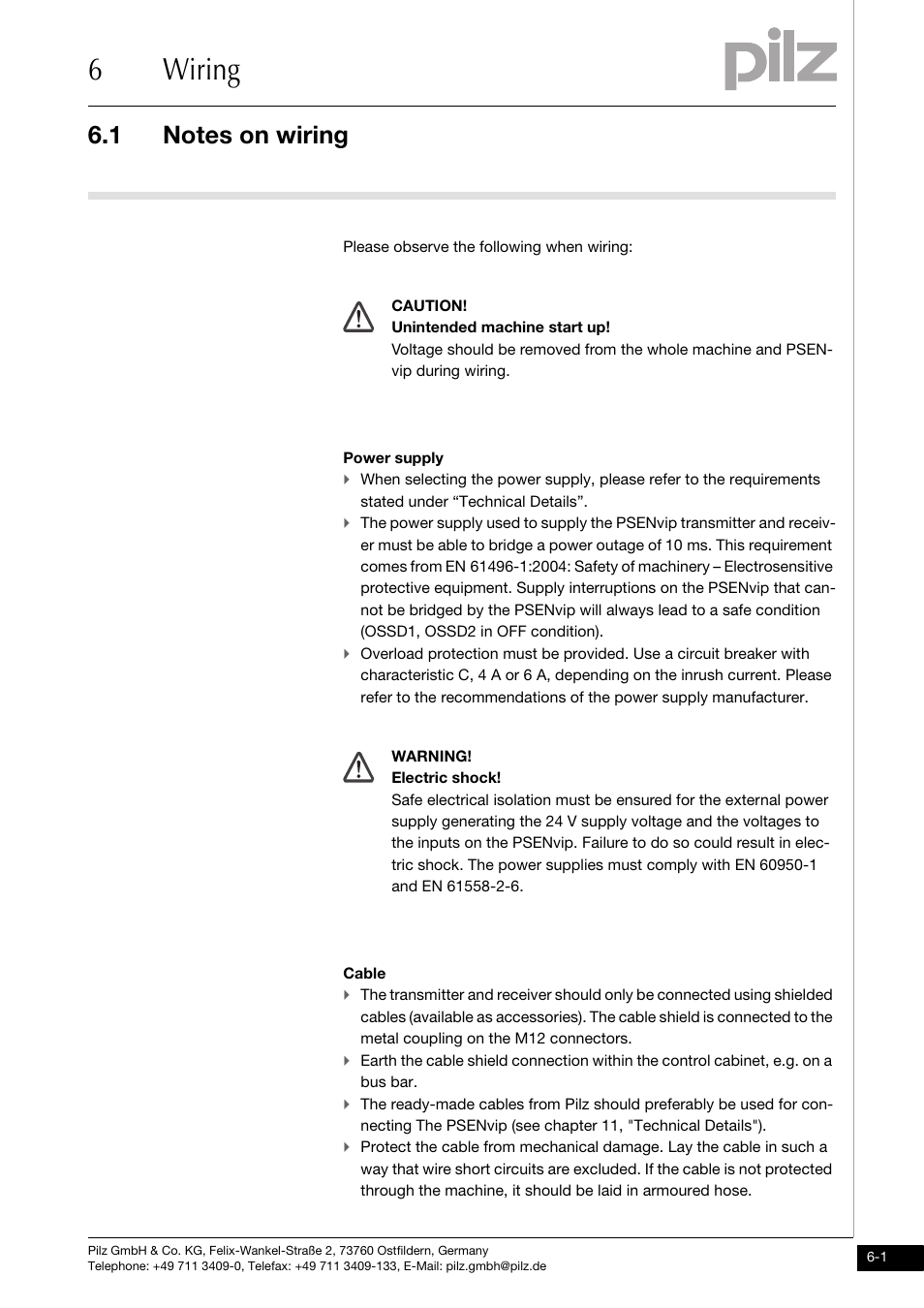 Wiring, Notes on wiring, 6wiring | Pilz PSENvip RL D P User Manual | Page 74 / 148