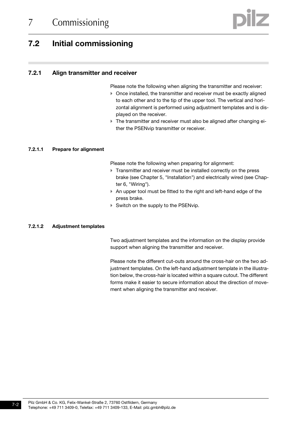 Initial commissioning, 1 align transmitter and receiver, 1 prepare for alignment | 2 adjustment templates, 7commissioning, 2 initial commissioning | Pilz PSENvip RL D P User Manual | Page 83 / 148