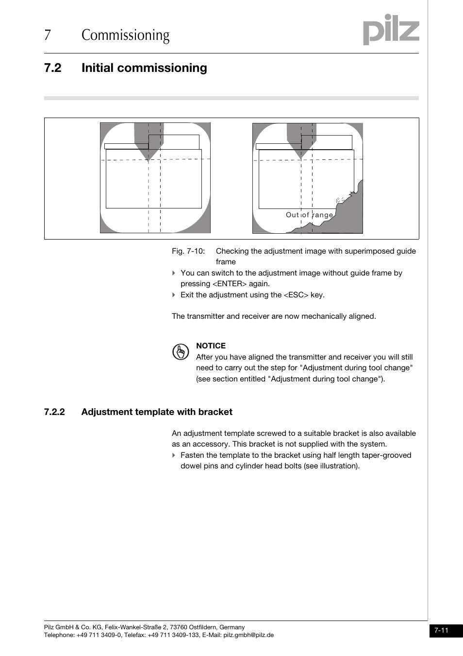 2 adjustment template with bracket, 7commissioning, 2 initial commissioning | Pilz PSENvip RL D P User Manual | Page 92 / 148