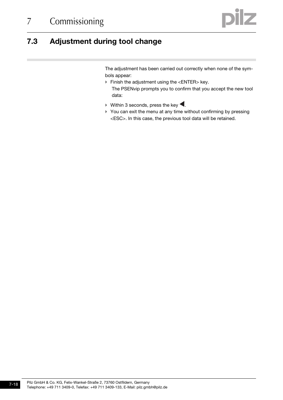 7commissioning, 3 adjustment during tool change | Pilz PSENvip RL D P User Manual | Page 99 / 148