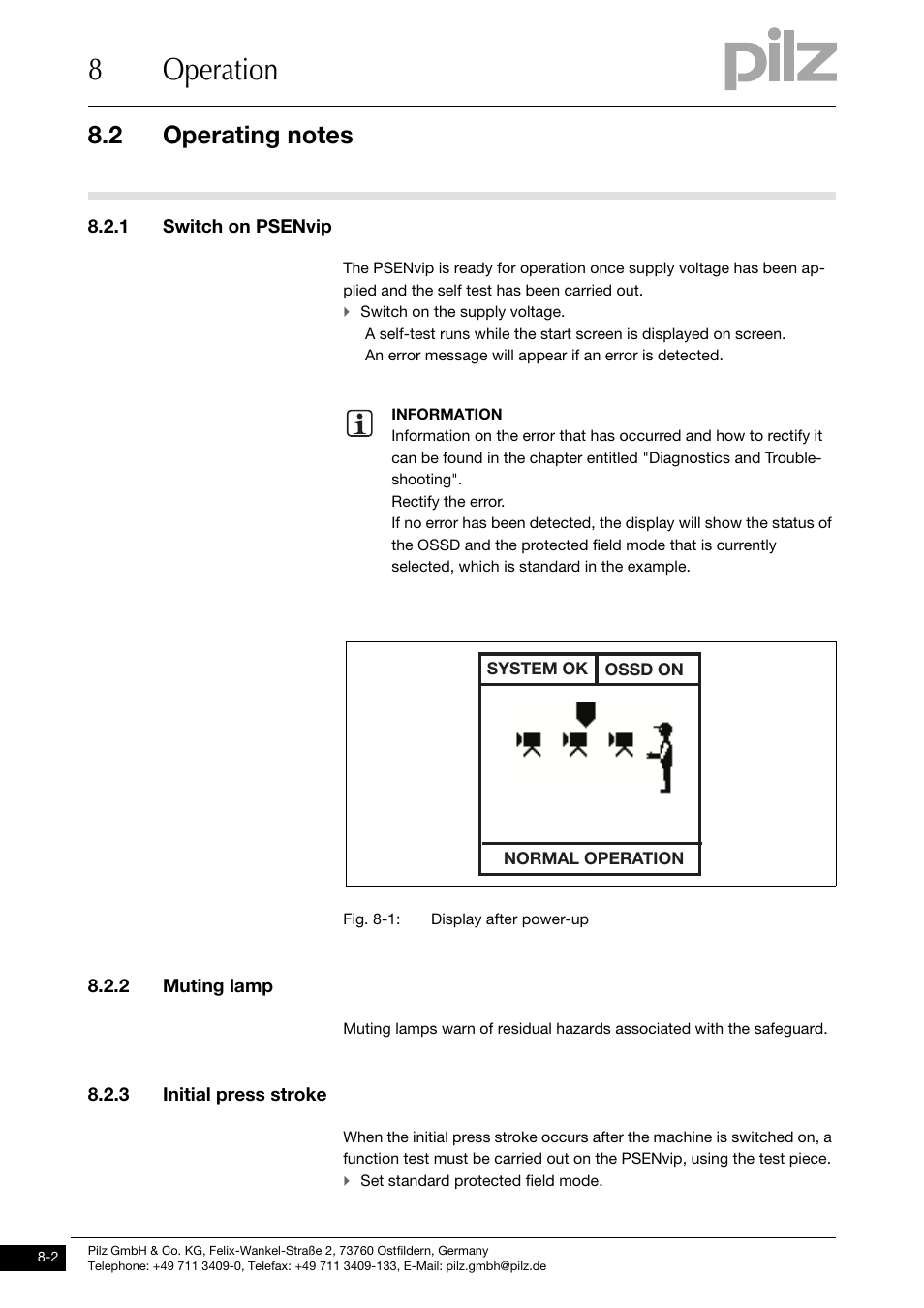 Operating notes, Switch on psenvip, Muting lamp | Initial press stroke, 8operation, 1 switch on psenvip, 2 muting lamp, 3 initial press stroke, System ok ossd on normal operation | Pilz PSENvip RL D P User Manual | Page 110 / 139