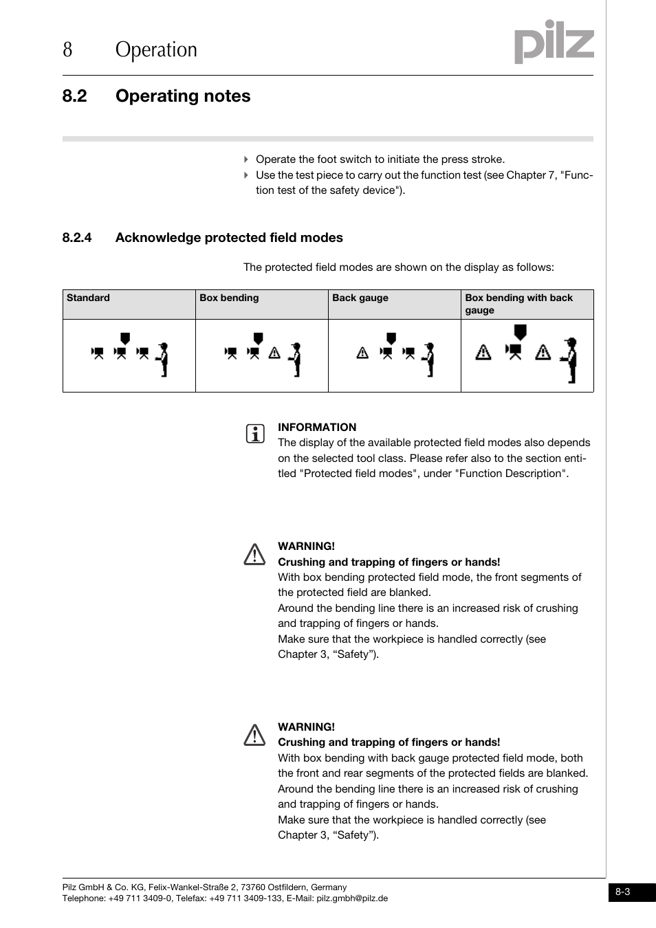 Acknowledge protected field modes, 8operation, 4 acknowledge protected field modes | Pilz PSENvip RL D P User Manual | Page 111 / 139