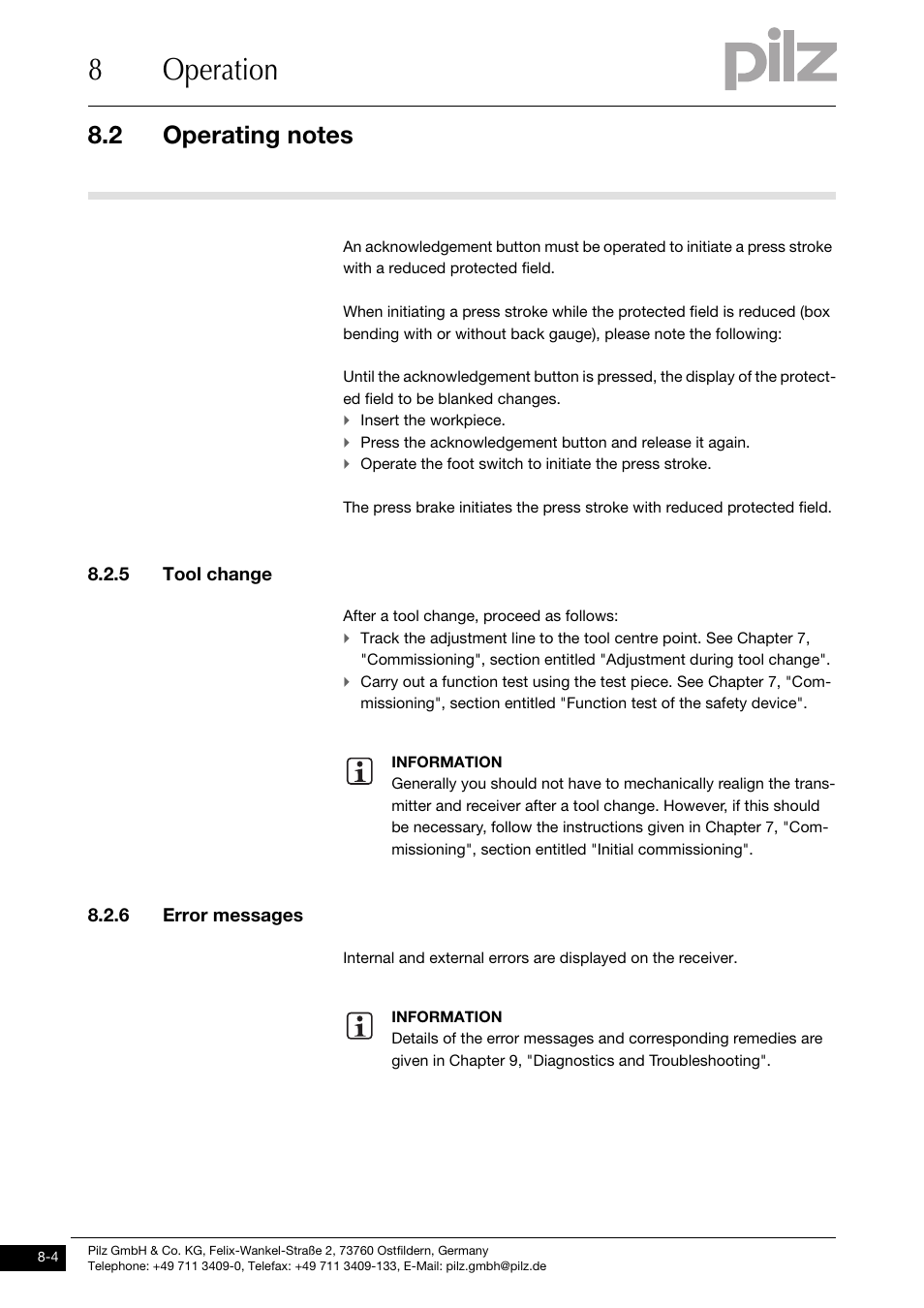 Tool change, Error messages, 8operation | 5 tool change, 6 error messages | Pilz PSENvip RL D P User Manual | Page 112 / 139
