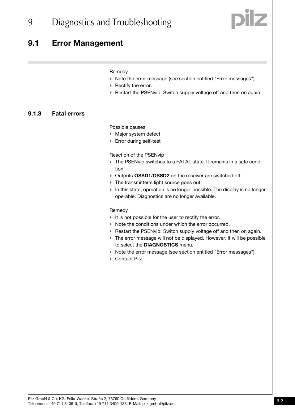 Fatal errors, 9diagnostics and troubleshooting, 1 error management | 3 fatal errors | Pilz PSENvip RL D P User Manual | Page 117 / 139