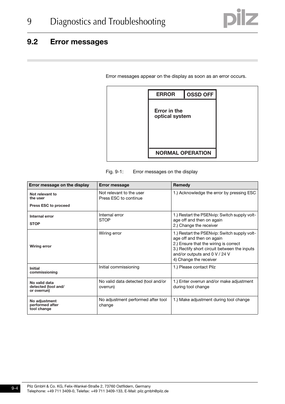 Error messages, 9diagnostics and troubleshooting, 2 error messages | Pilz PSENvip RL D P User Manual | Page 118 / 139