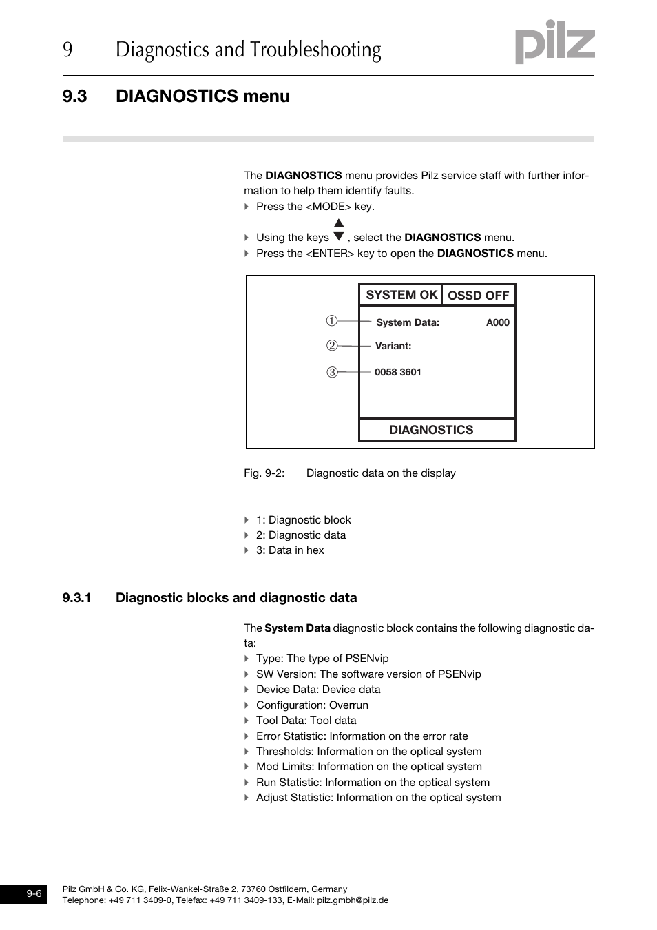 Diagnostics menu, Diagnostic blocks and diagnostic data, 9diagnostics and troubleshooting | 3 diagnostics menu, Ав б, 1 diagnostic blocks and diagnostic data | Pilz PSENvip RL D P User Manual | Page 120 / 139