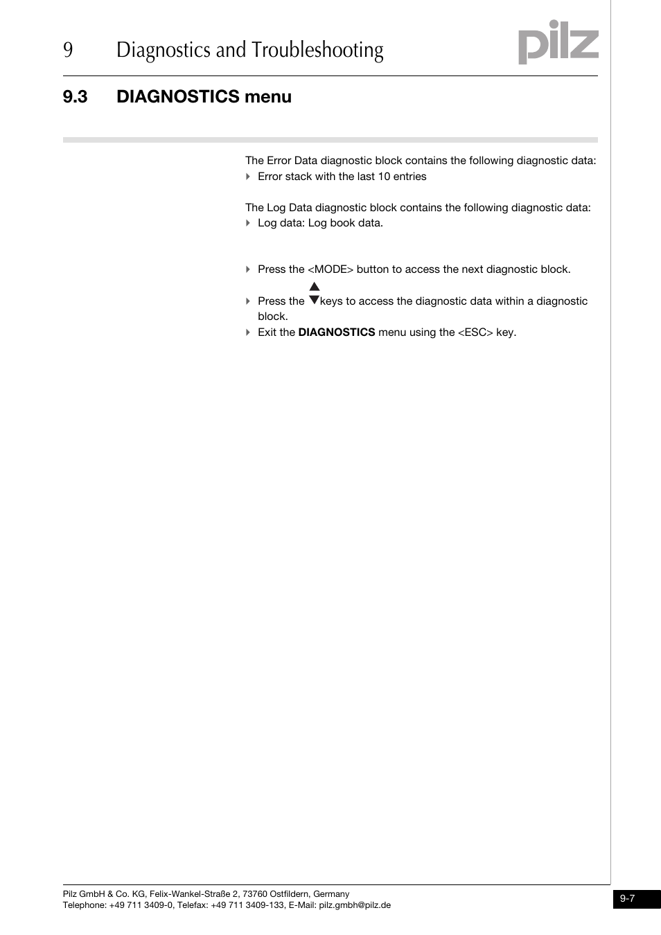 9diagnostics and troubleshooting, 3 diagnostics menu | Pilz PSENvip RL D P User Manual | Page 121 / 139
