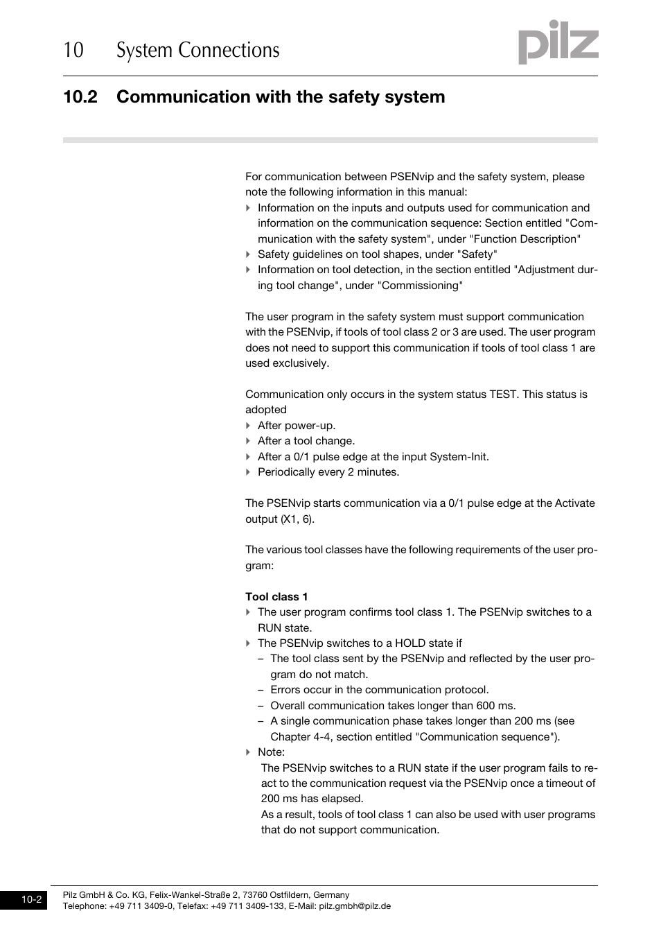 Communication with the safety system, 10 system connections, 2 communication with the safety system | Pilz PSENvip RL D P User Manual | Page 124 / 139