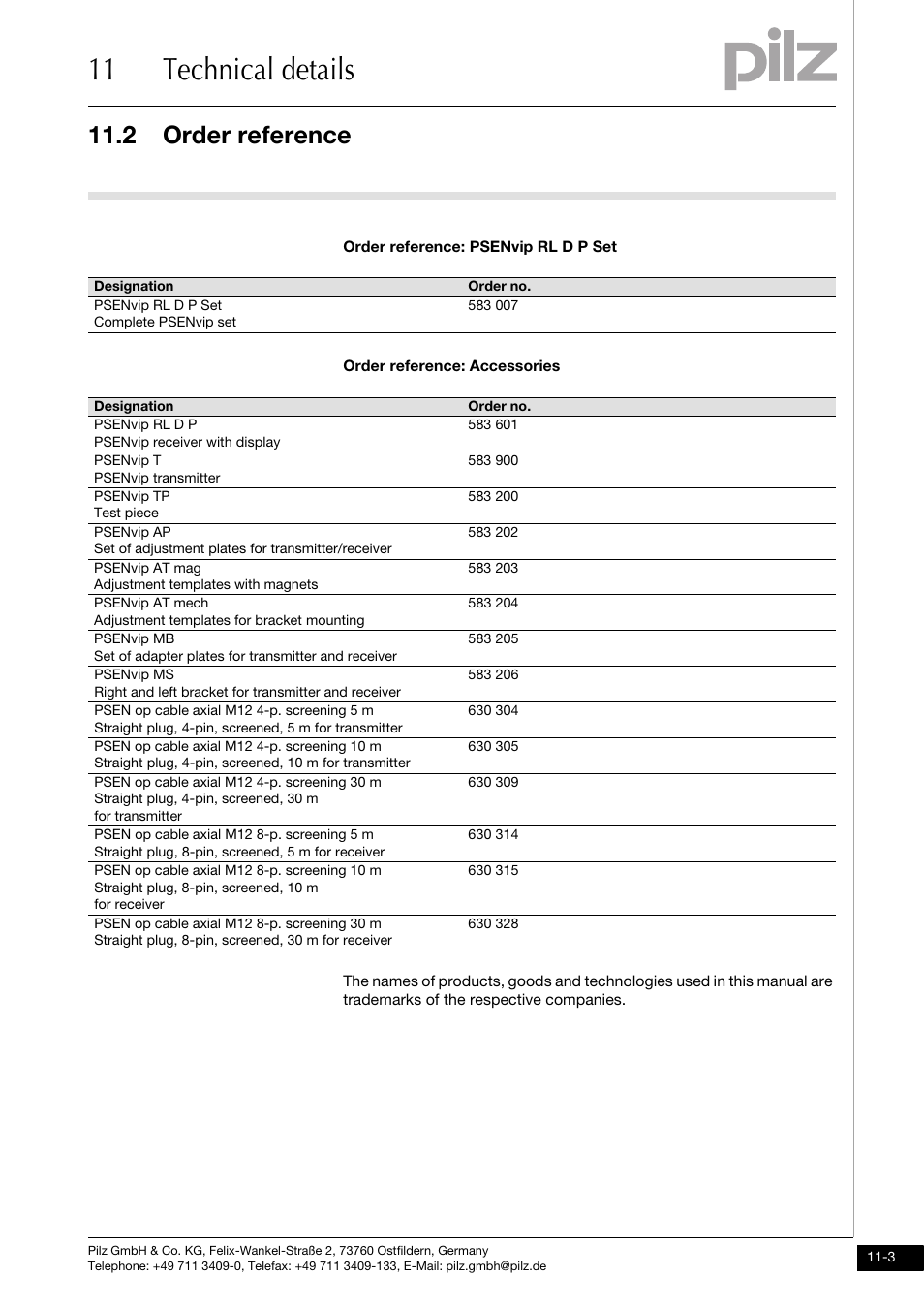 Order reference, 11 technical details, 2 order reference | Pilz PSENvip RL D P User Manual | Page 133 / 139