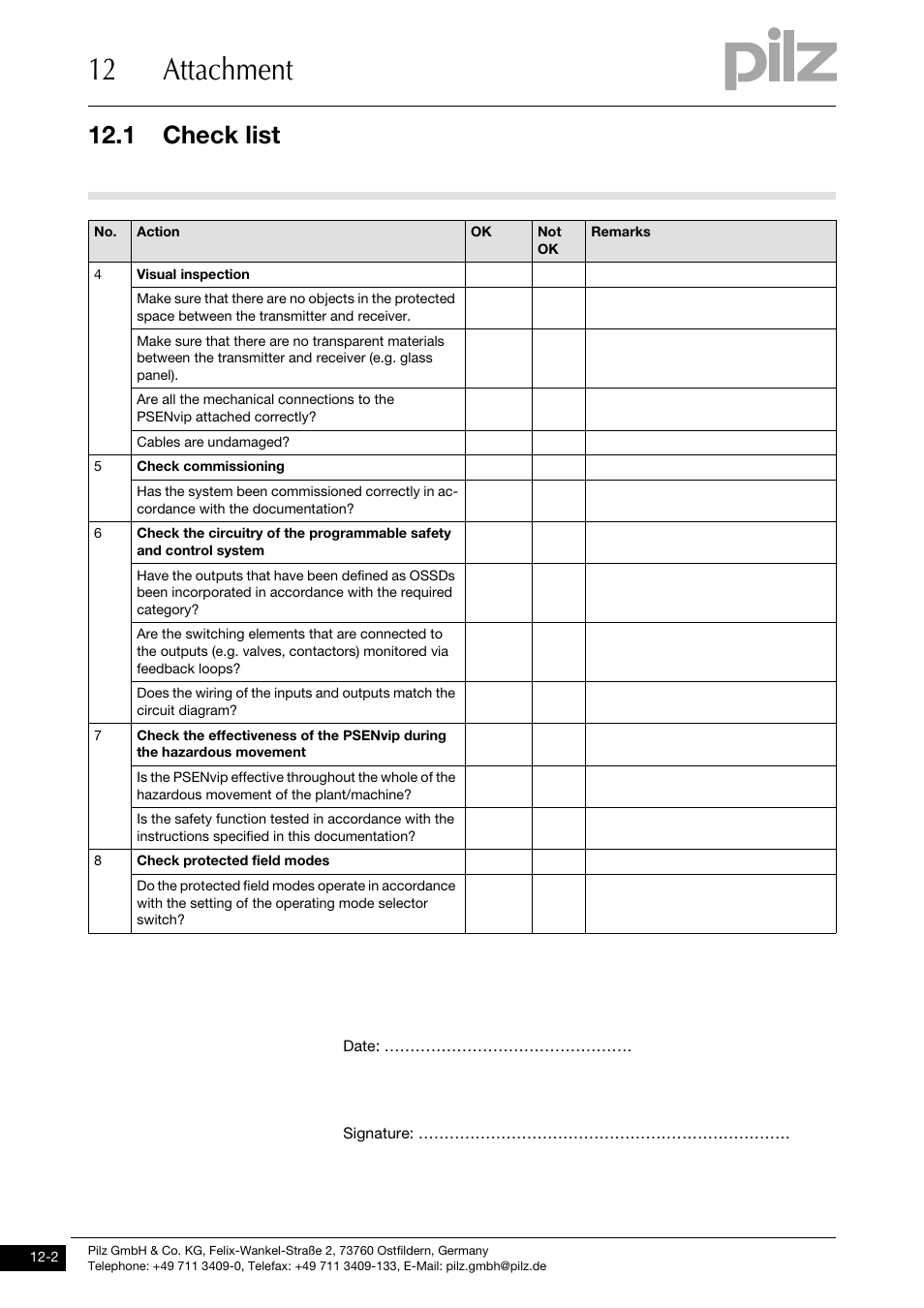 12 attachment, 1 check list | Pilz PSENvip RL D P User Manual | Page 136 / 139