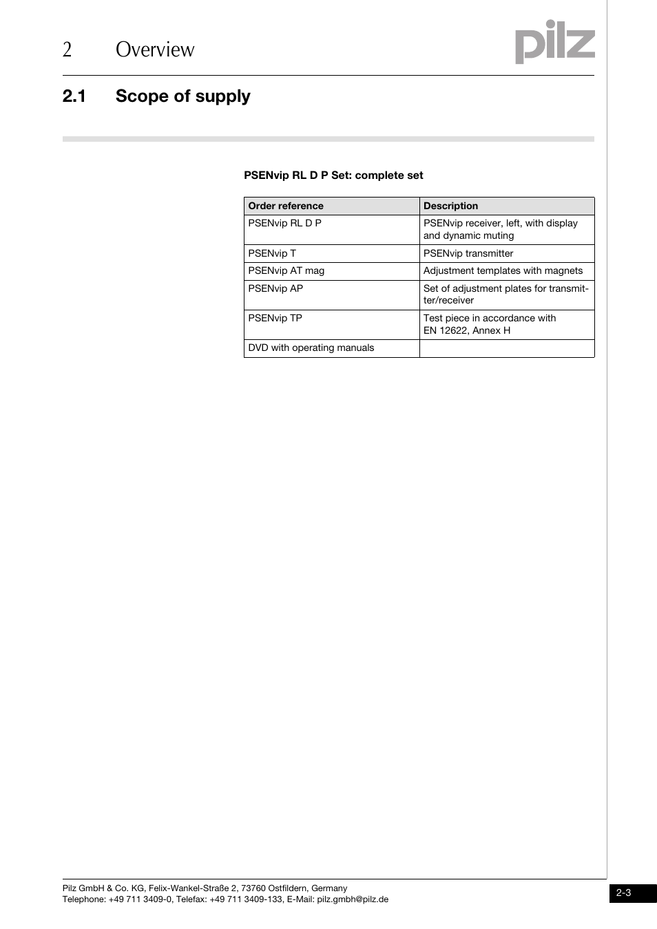 Scope of supply, 2overview, 1 scope of supply | Pilz PSENvip RL D P User Manual | Page 15 / 139