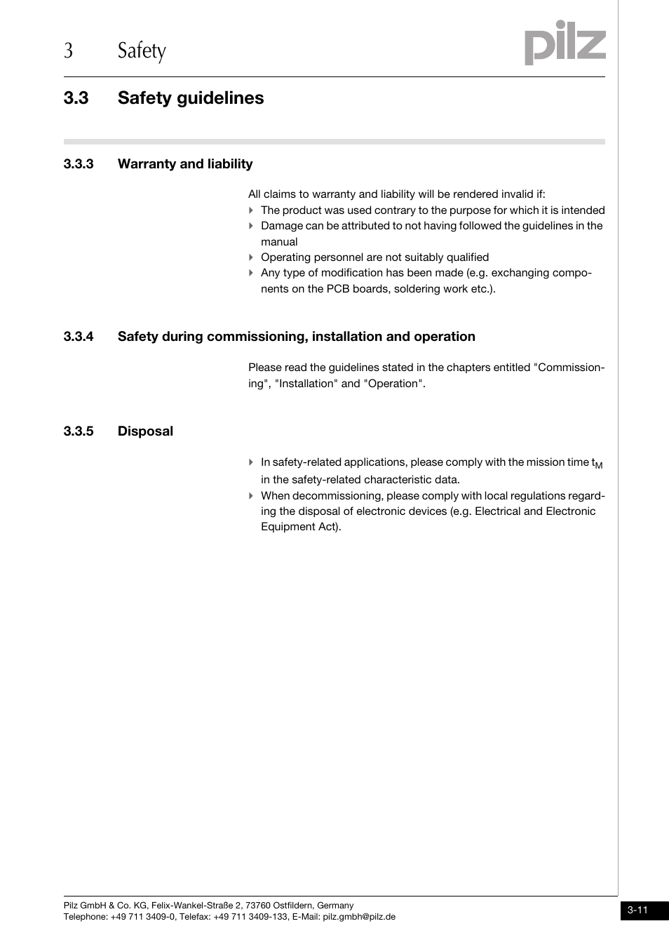 Warranty and liability, Disposal, 3safety | 3 safety guidelines, 3 warranty and liability, 5 disposal | Pilz PSENvip RL D P User Manual | Page 27 / 139