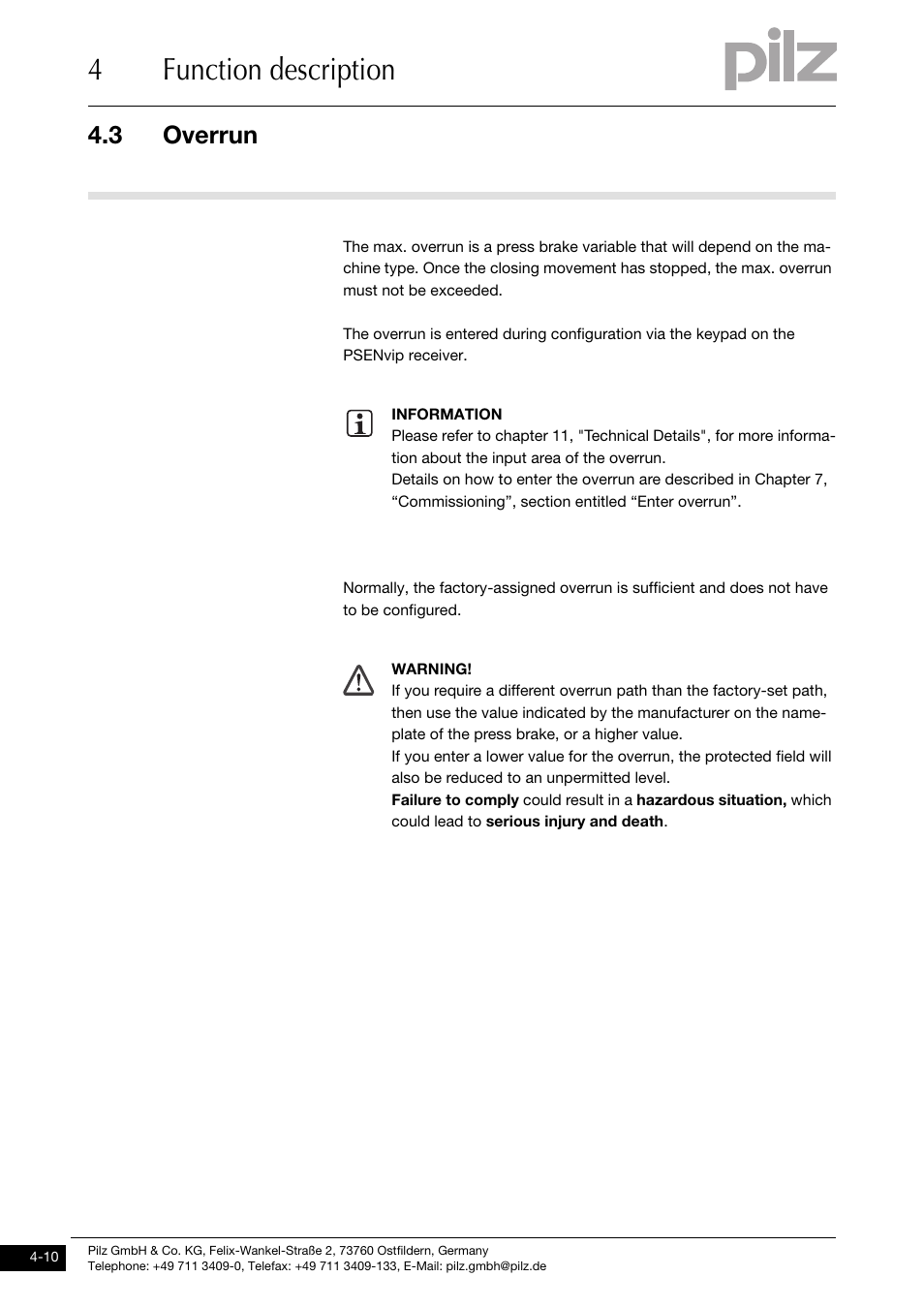 Overrun, 4function description, 3 overrun | Pilz PSENvip RL D P User Manual | Page 38 / 139