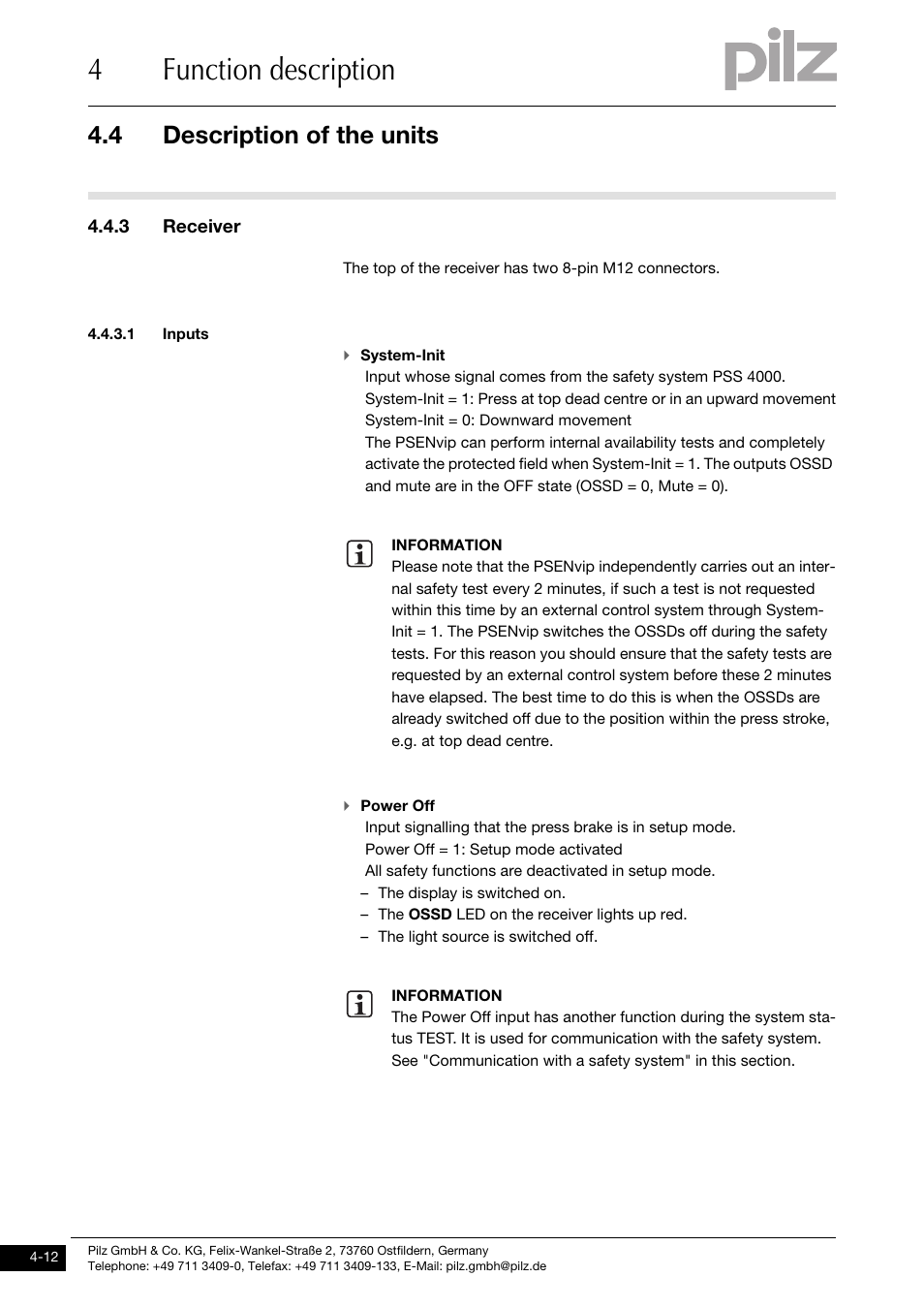 Receiver, Inputs, 4function description | 4 description of the units, 3 receiver | Pilz PSENvip RL D P User Manual | Page 40 / 139