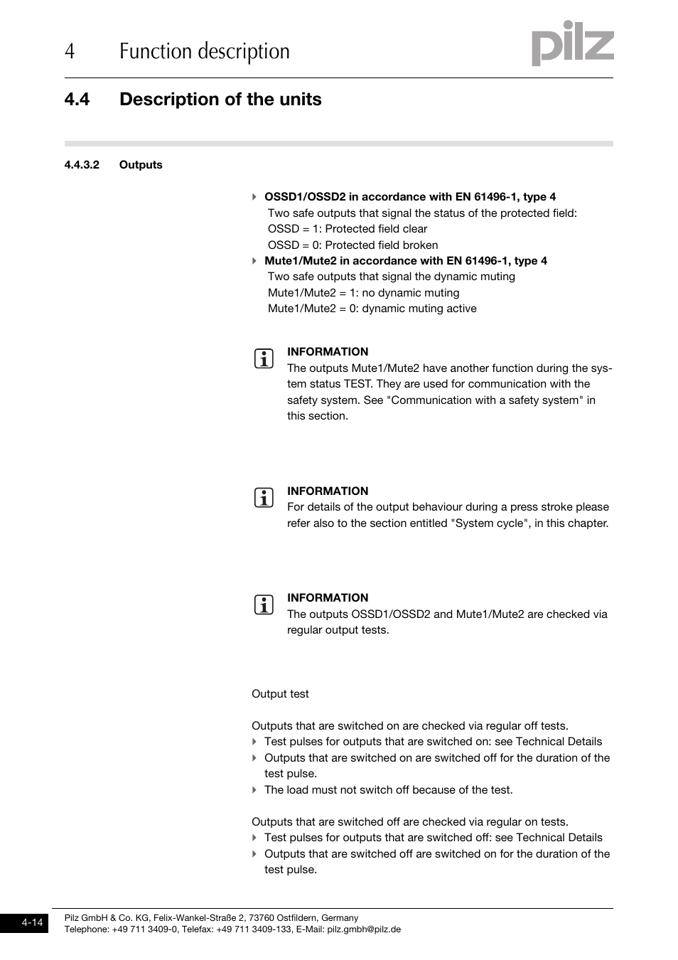 Outputs, 4function description, 4 description of the units | Pilz PSENvip RL D P User Manual | Page 42 / 139