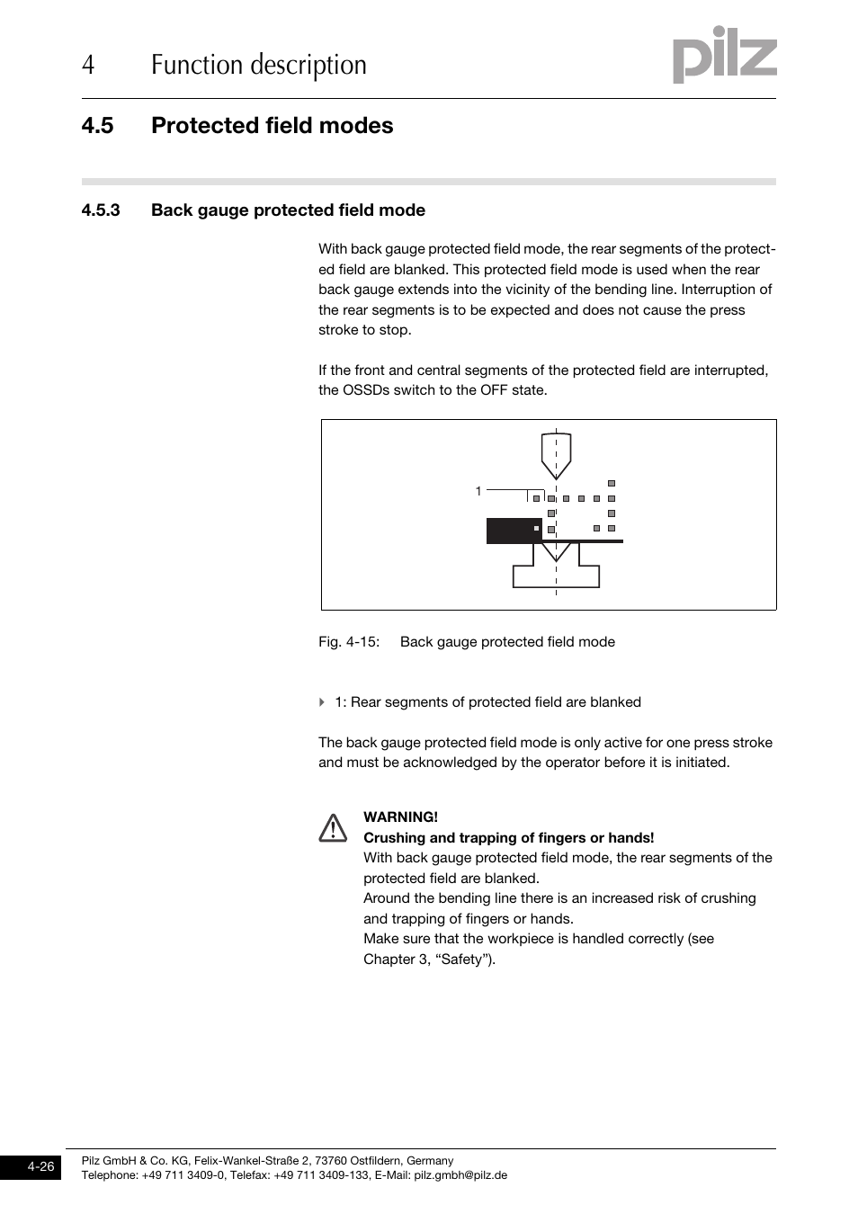 Back gauge protected field mode, 4function description, 5 protected field modes | 3 back gauge protected field mode | Pilz PSENvip RL D P User Manual | Page 54 / 139