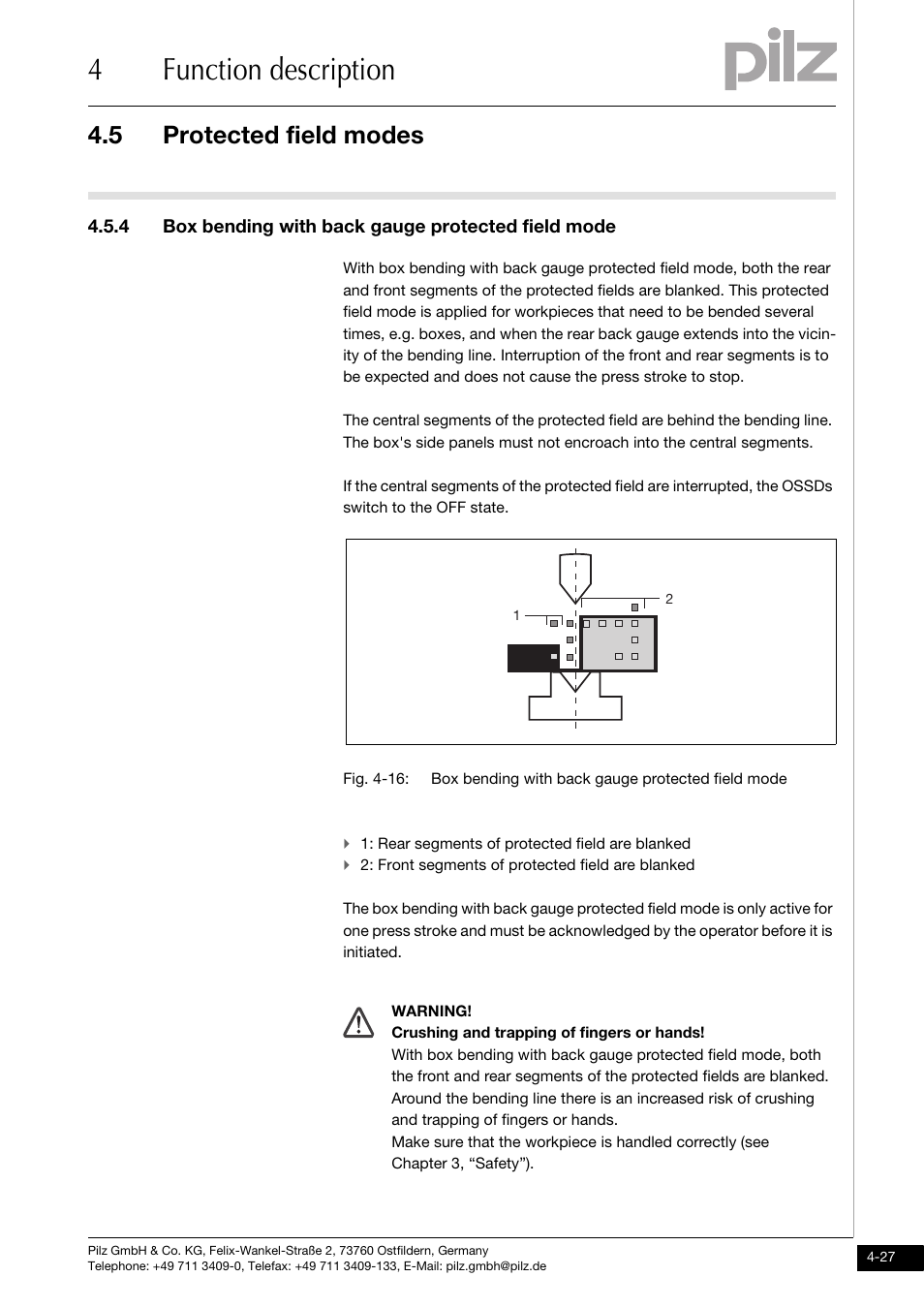 Box bending with back gauge protected field mode, 4function description, 5 protected field modes | 4 box bending with back gauge protected field mode | Pilz PSENvip RL D P User Manual | Page 55 / 139
