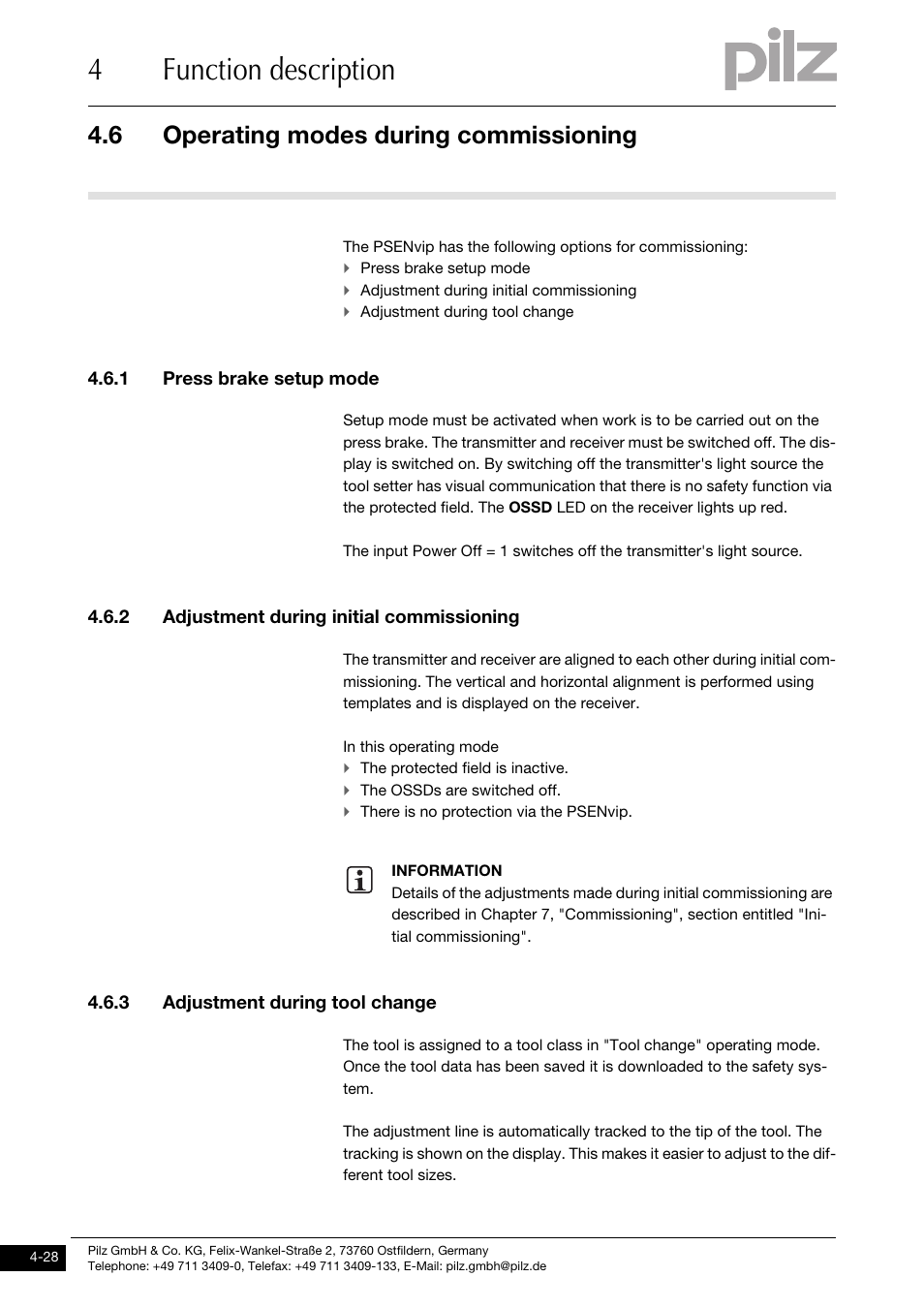 Operating modes during commissioning, Press brake setup mode, Adjustment during initial commissioning | Adjustment during tool change, 4function description, 6 operating modes during commissioning, 1 press brake setup mode, 2 adjustment during initial commissioning, 3 adjustment during tool change | Pilz PSENvip RL D P User Manual | Page 56 / 139