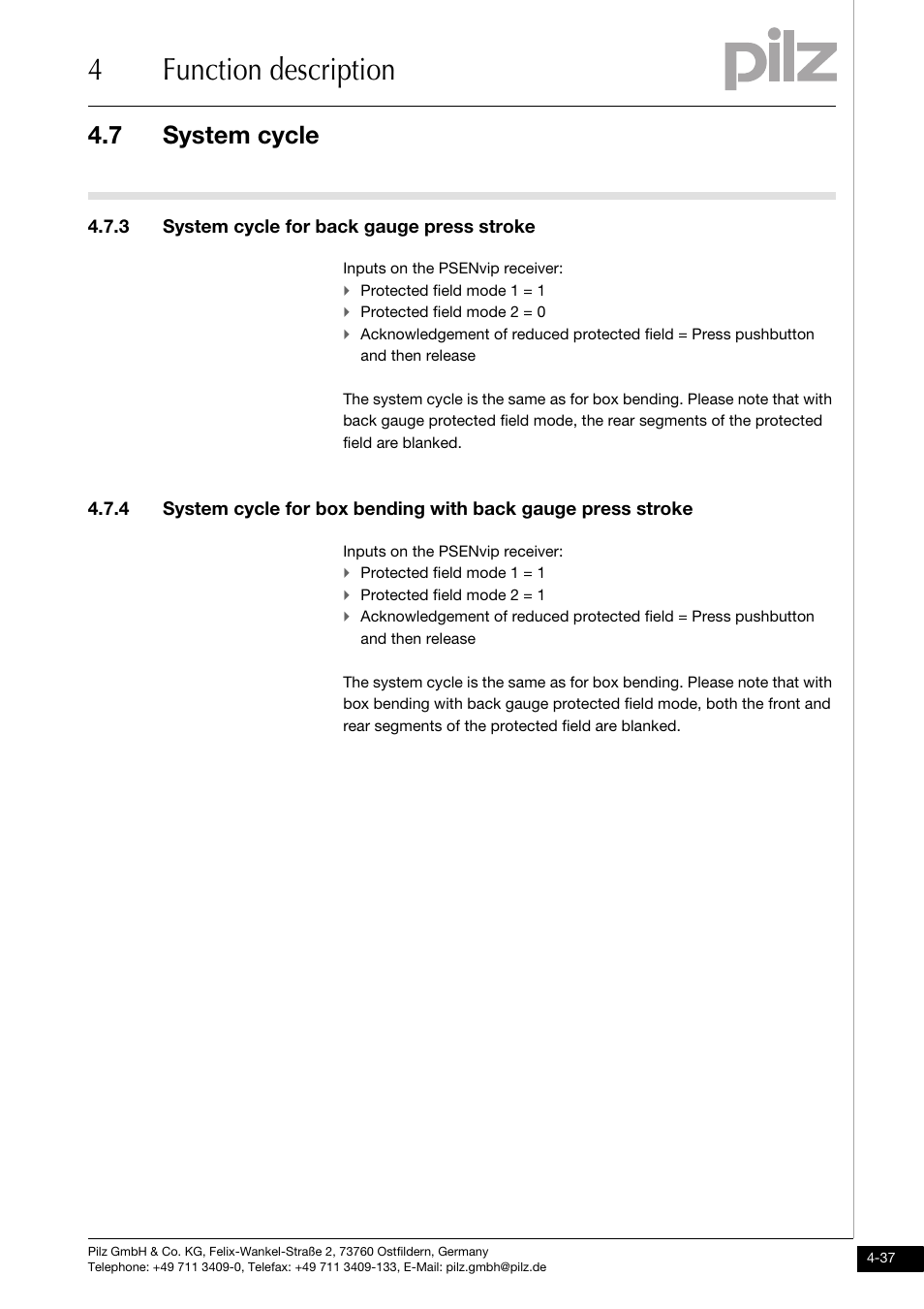System cycle for back gauge press stroke, 4function description, 7 system cycle | 3 system cycle for back gauge press stroke | Pilz PSENvip RL D P User Manual | Page 65 / 139
