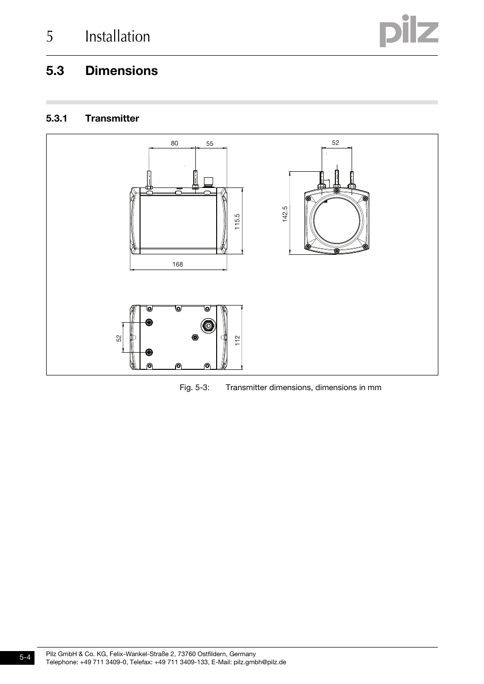 Dimensions, Transmitter, 5installation | 3 dimensions, 1 transmitter | Pilz PSENvip RL D P User Manual | Page 70 / 139