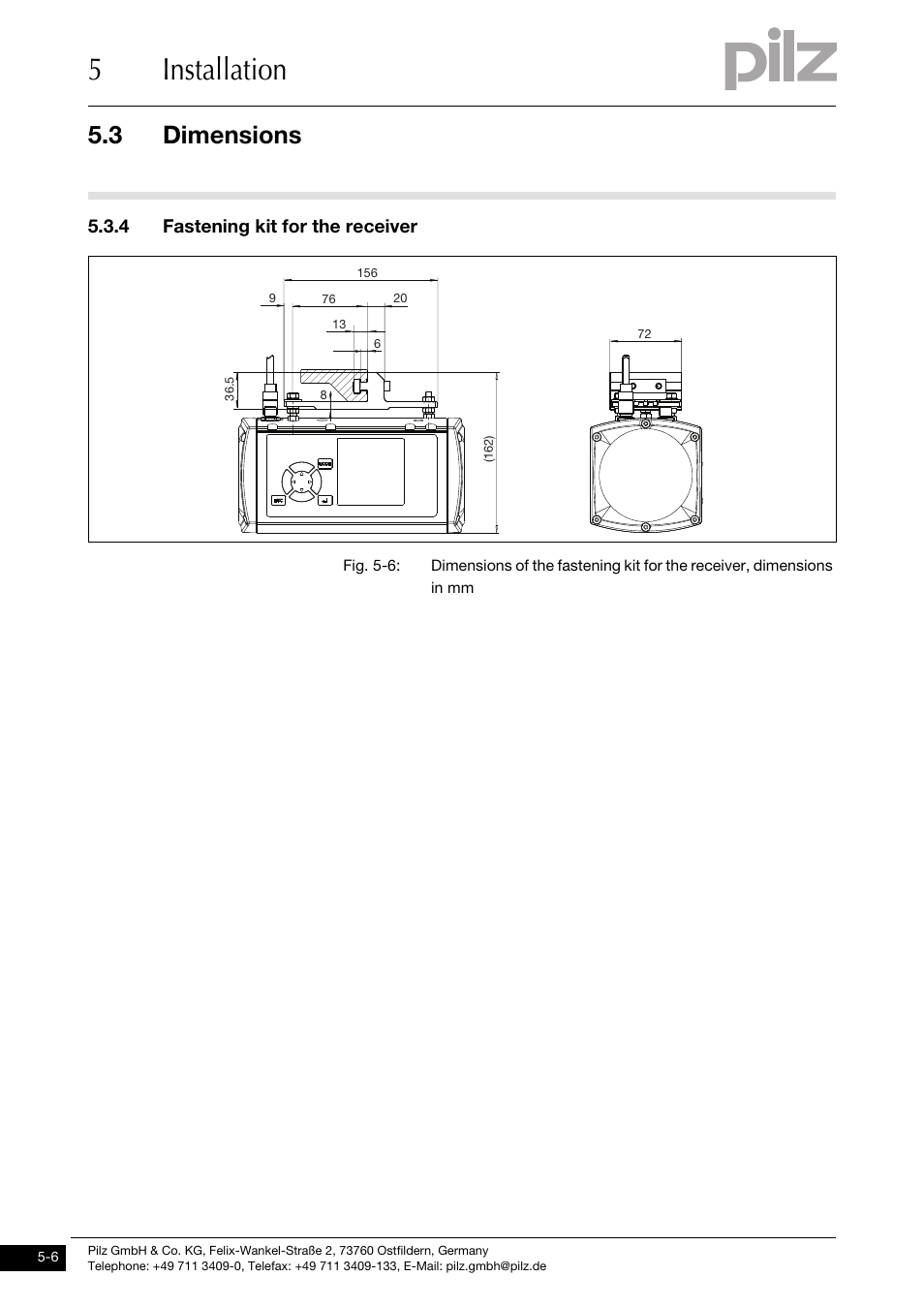 Fastening kit for the receiver, 5installation, 3 dimensions | 4 fastening kit for the receiver | Pilz PSENvip RL D P User Manual | Page 72 / 139