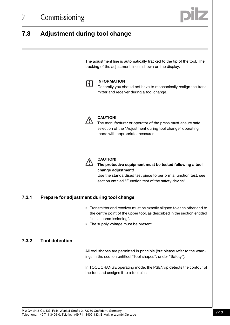 Adjustment during tool change, Prepare for adjustment during tool change, Tool detection | 7commissioning, 3 adjustment during tool change, 1 prepare for adjustment during tool change, 2 tool detection | Pilz PSENvip RL D P User Manual | Page 95 / 139