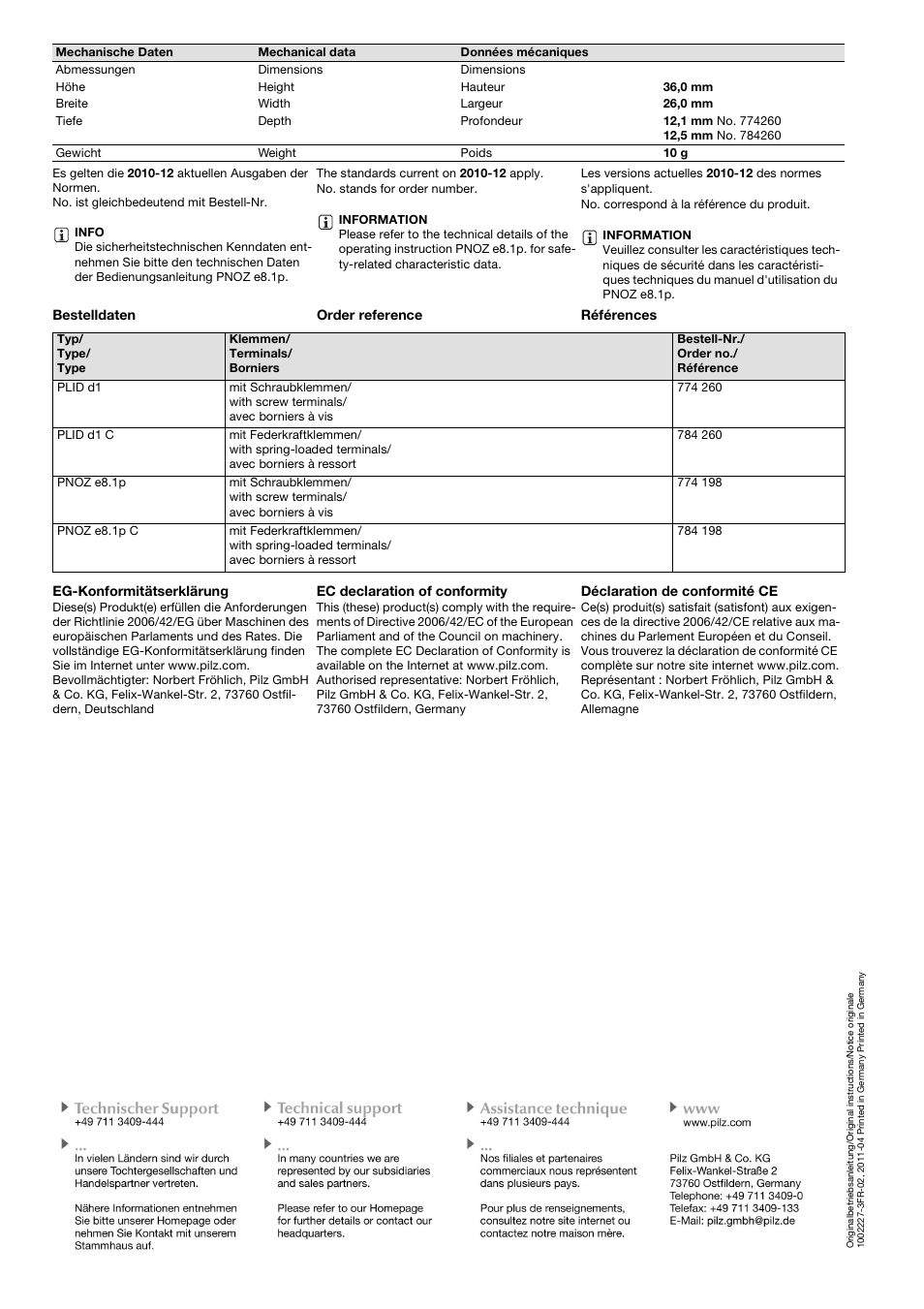 Bestelldaten order reference références, Eg-konformitätserklärung, Ec declaration of conformity | Déclaration de conformité ce | Pilz PLID d1 C User Manual | Page 4 / 4