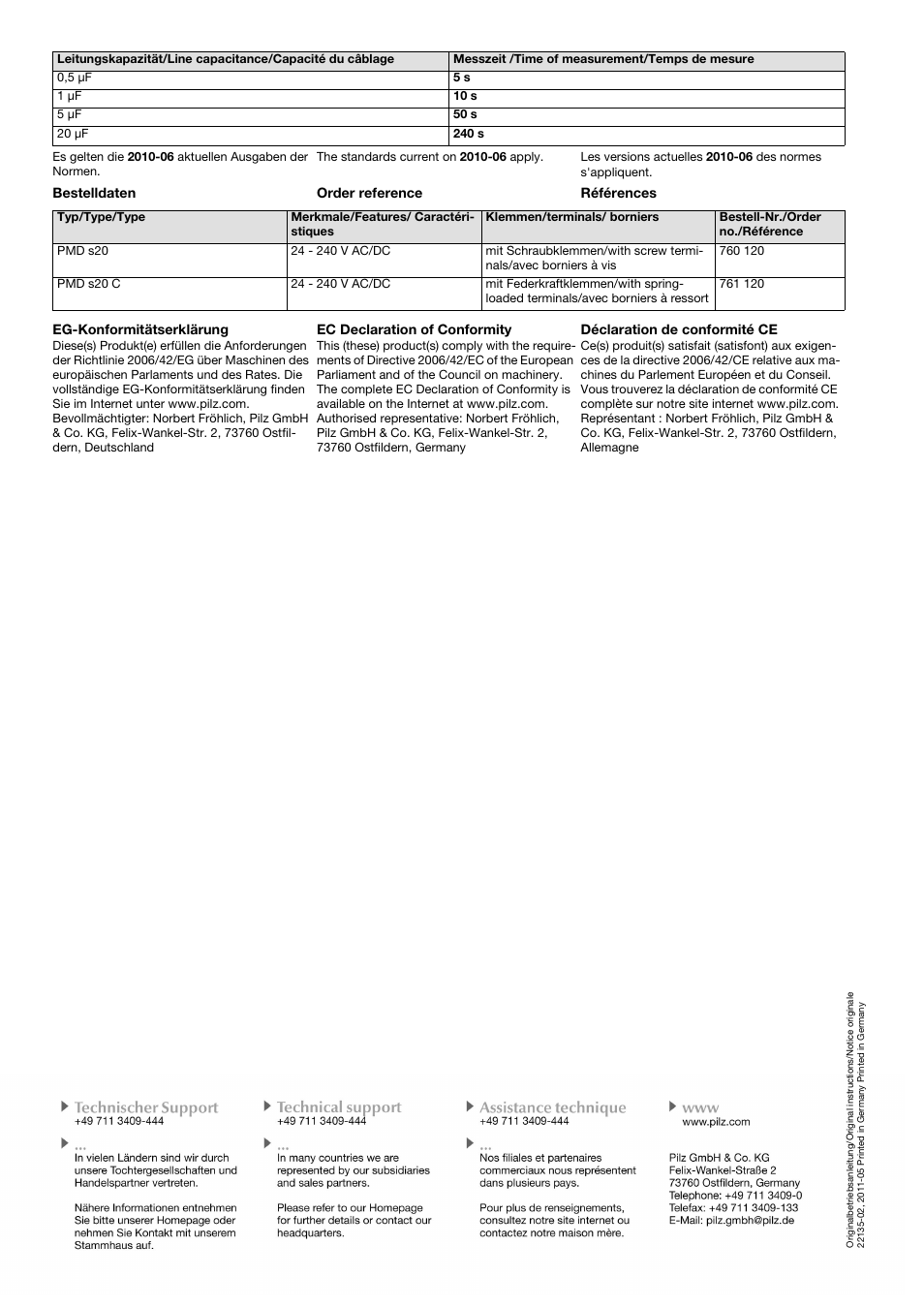 Bestelldaten order reference références, Eg-konformitätserklärung, Ec declaration of conformity | Déclaration de conformité ce | Pilz PMD s20 C 24-240VAC/DC 10-200k / 2U User Manual | Page 16 / 16