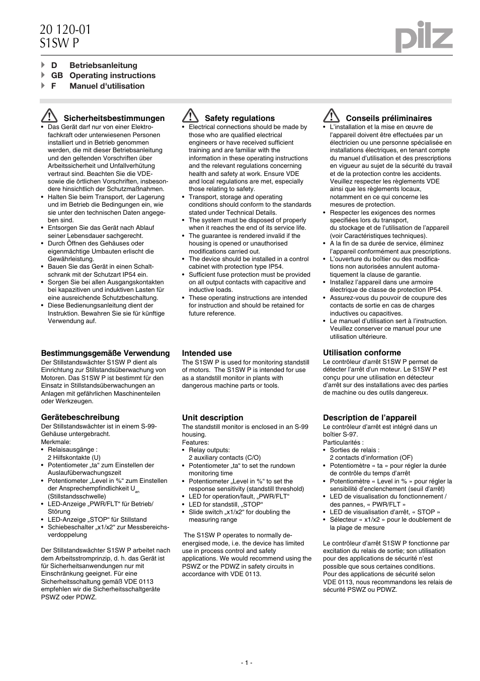 Pilz S1SW P 24-240VACDC UM 0-690VAC/DC User Manual | 6 pages