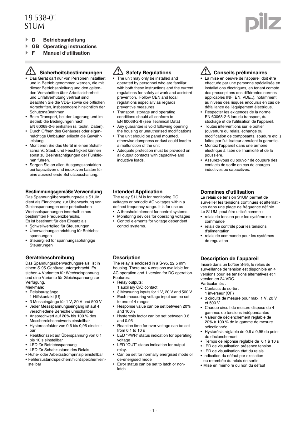 Pilz S1UM 230-240VAC UM 0.1-500VAC/DC UP User Manual | 6 pages