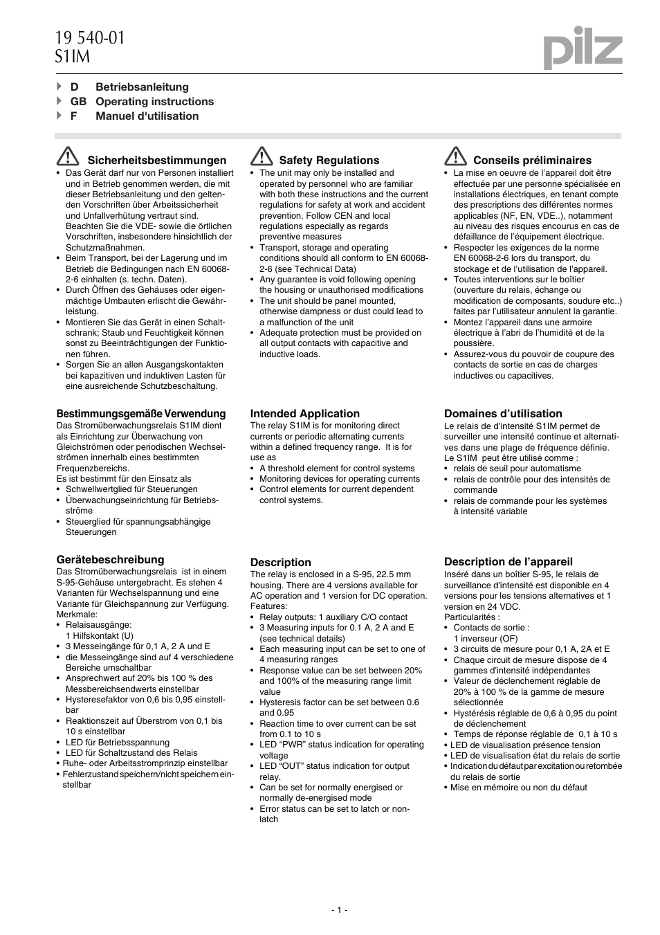 Pilz S1IM 230-240VAC IM 0.01-15 A User Manual | 6 pages