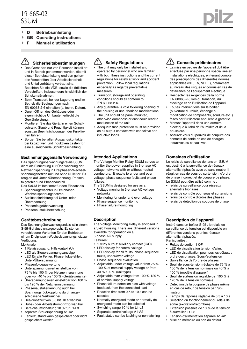 Pilz S3UM 120VAC UM 440/480VAC User Manual | 8 pages
