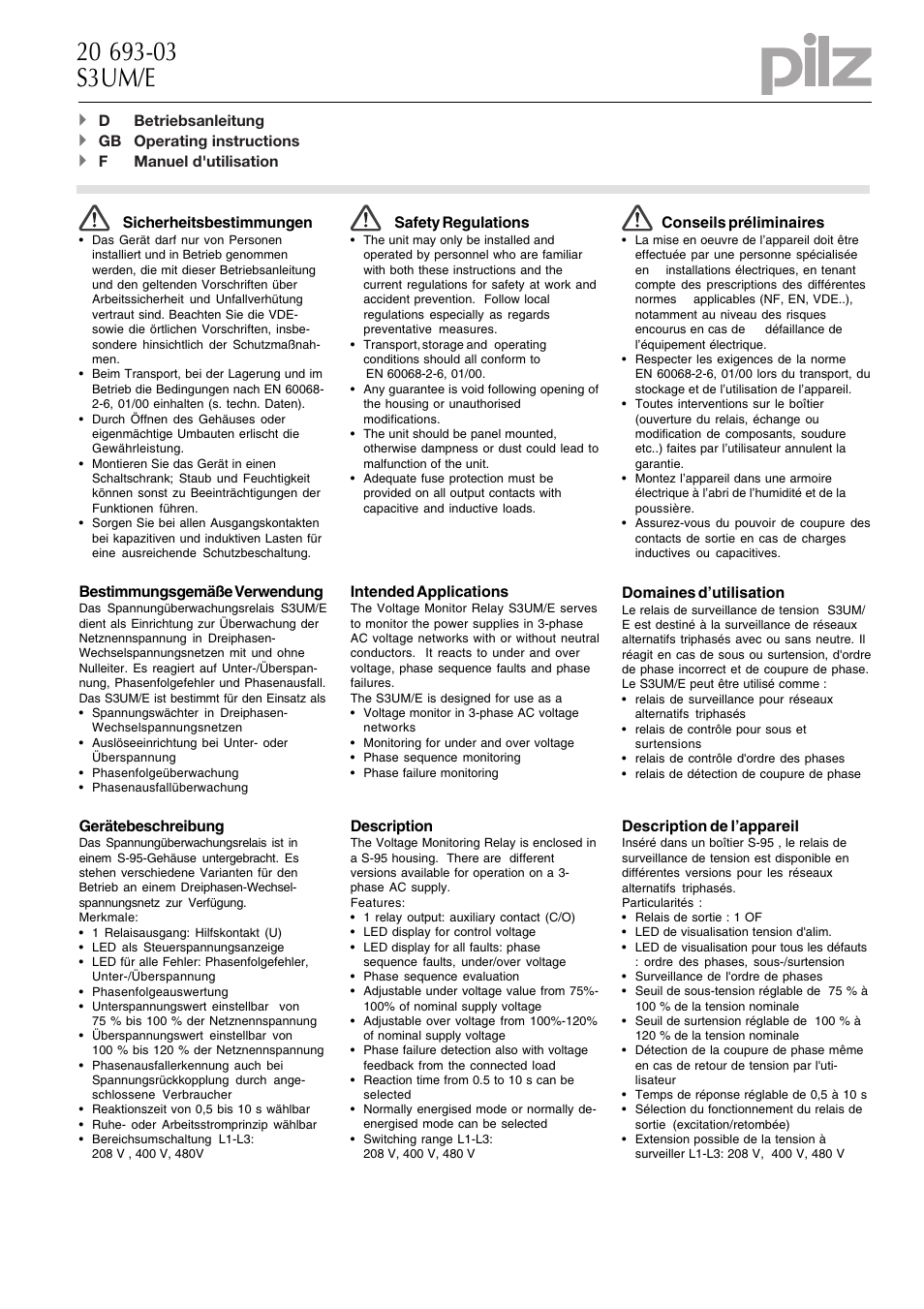 Pilz S3UM 24VDC UM 208/400/480VAC User Manual | 6 pages