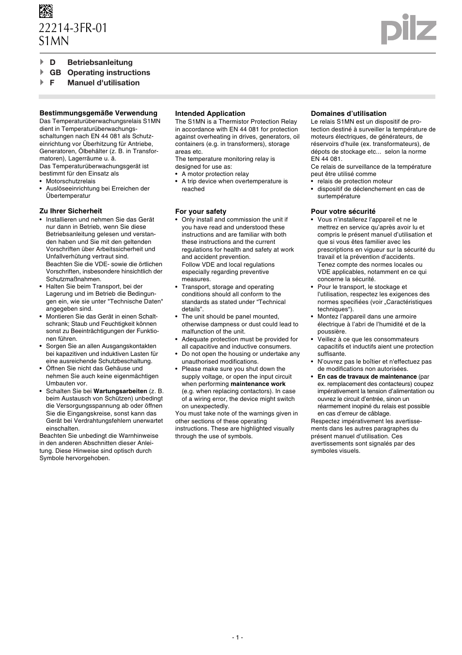 Pilz S1MN 240VAC 2c/o User Manual | 8 pages