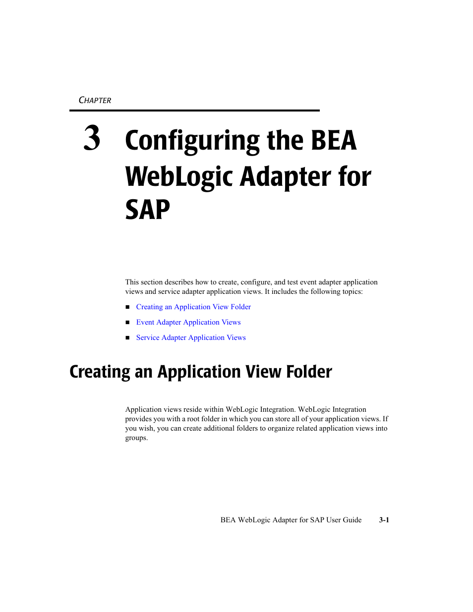 3 configuring the bea weblogic adapter for sap, Creating an application view folder, Configuring the bea weblogic adapter for sap | Creating an application view folder -1 | BEA WebLogic Adapter for SAP User Manual | Page 29 / 94