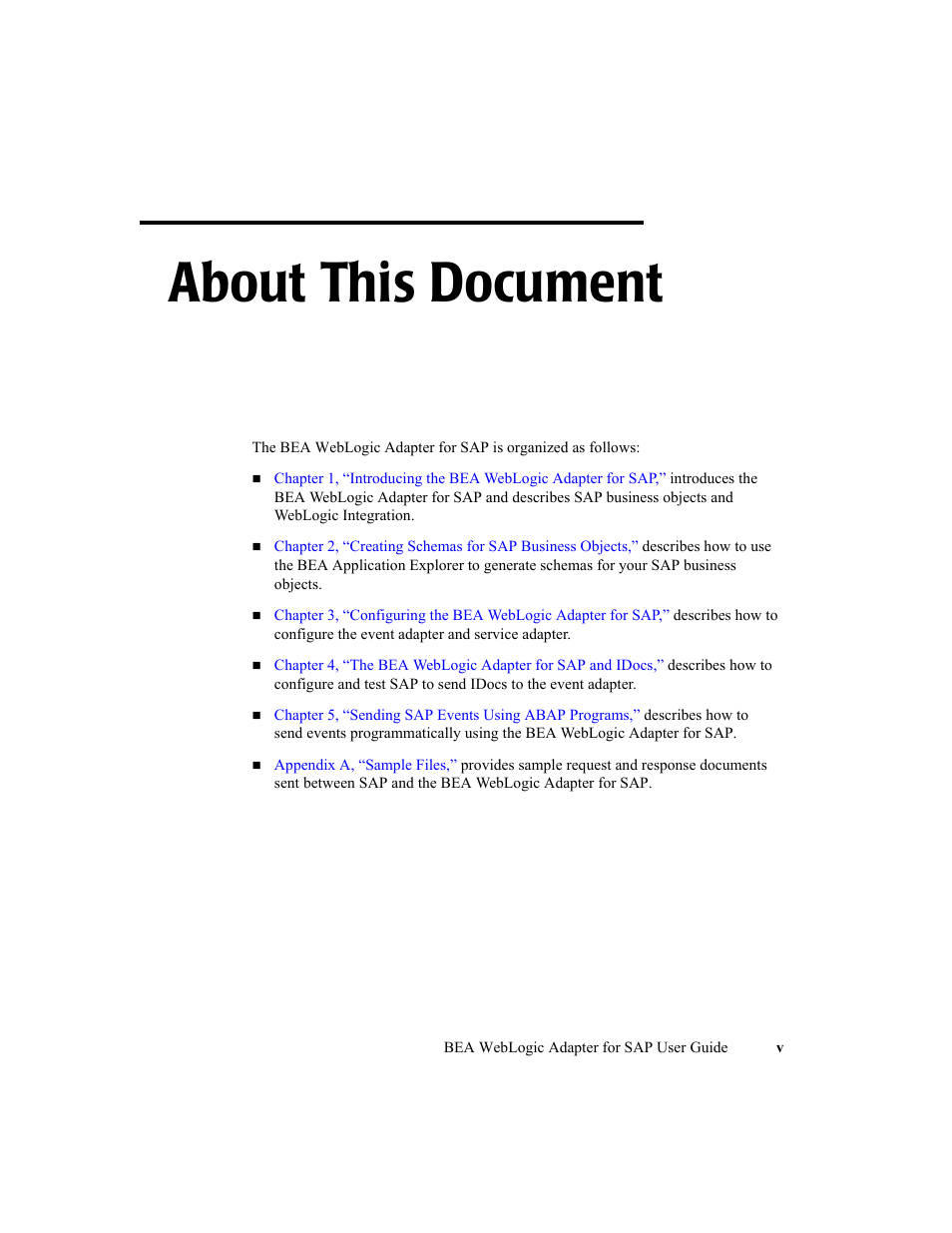 About this document | BEA WebLogic Adapter for SAP User Manual | Page 5 / 94