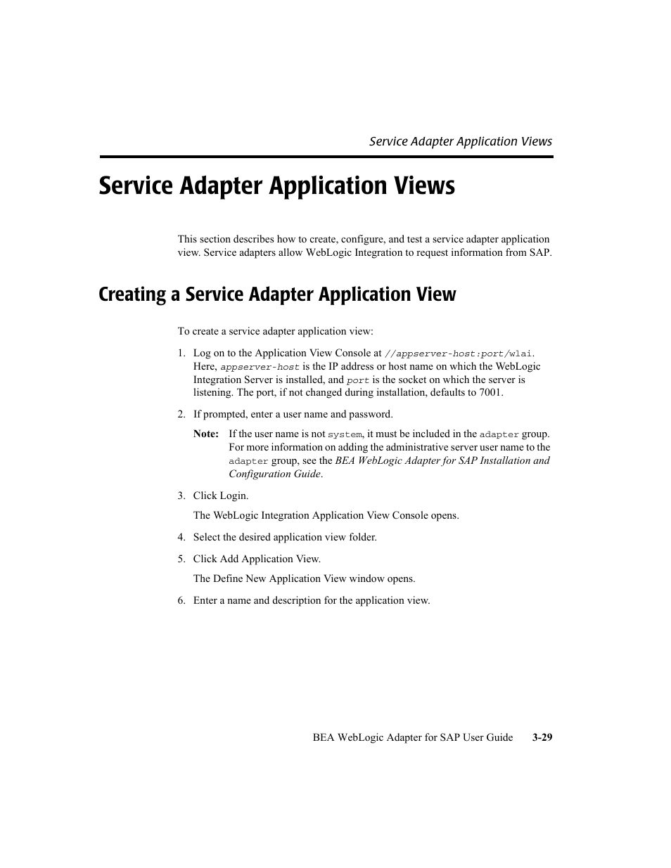 Service adapter application views, Creating a service adapter application view, Service adapter application views -29 | Creating a service adapter application view -29 | BEA WebLogic Adapter for SAP User Manual | Page 57 / 94