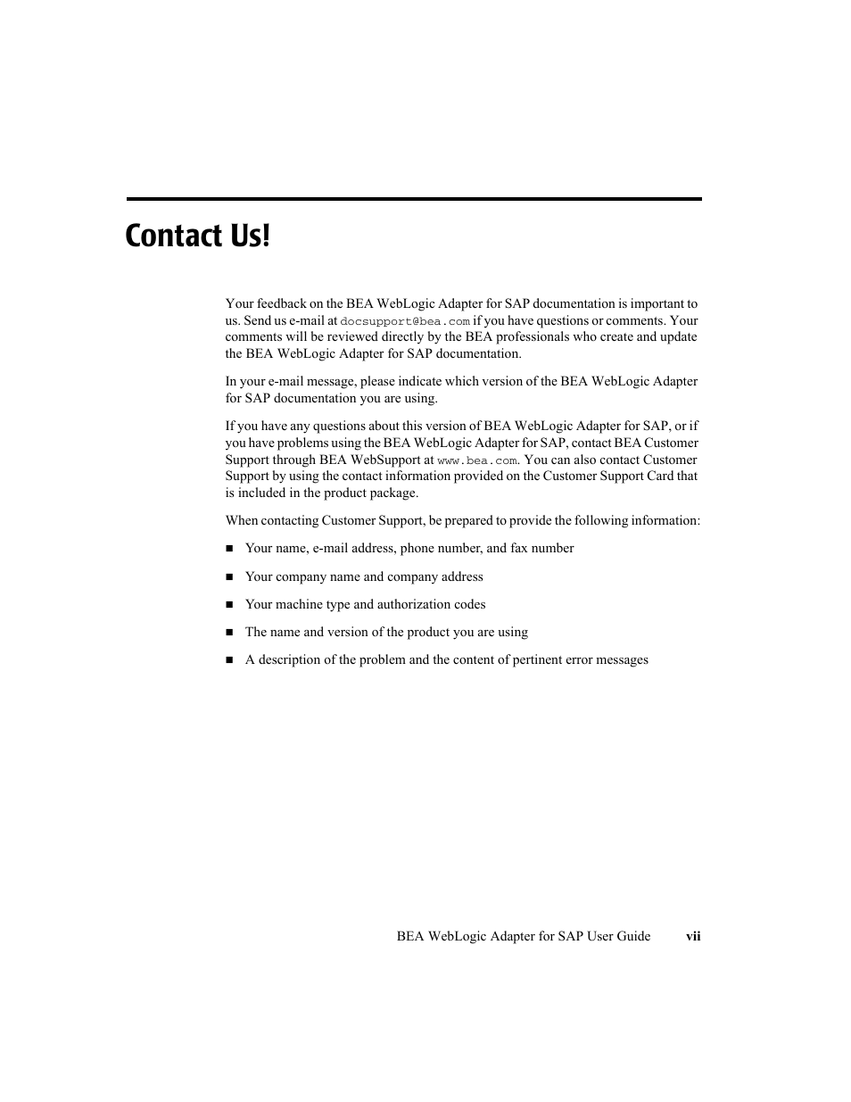 Contact us | BEA WebLogic Adapter for SAP User Manual | Page 7 / 94