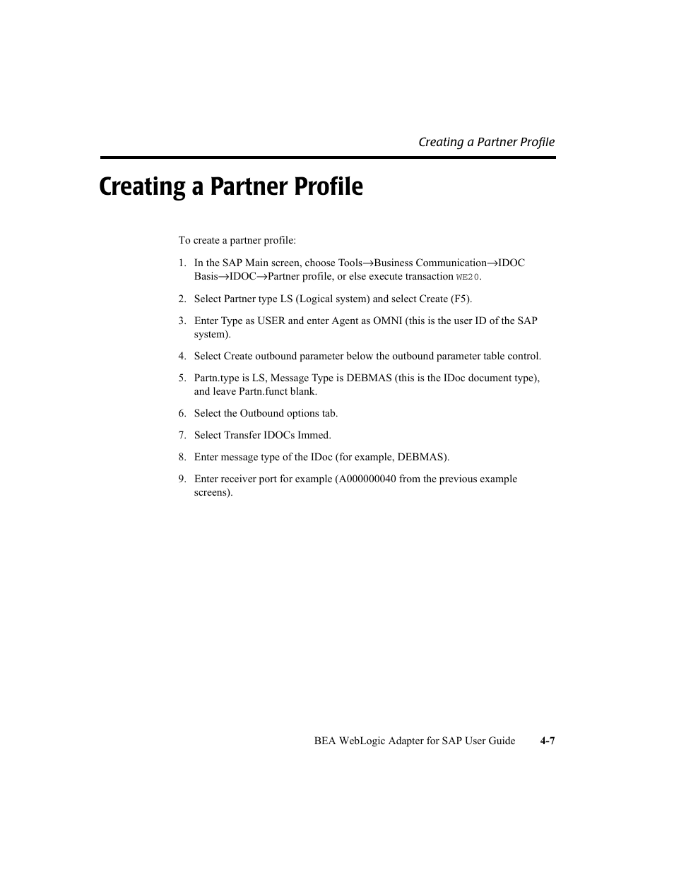 Creating a partner profile, Creating a partner profile -7 | BEA WebLogic Adapter for SAP User Manual | Page 75 / 94