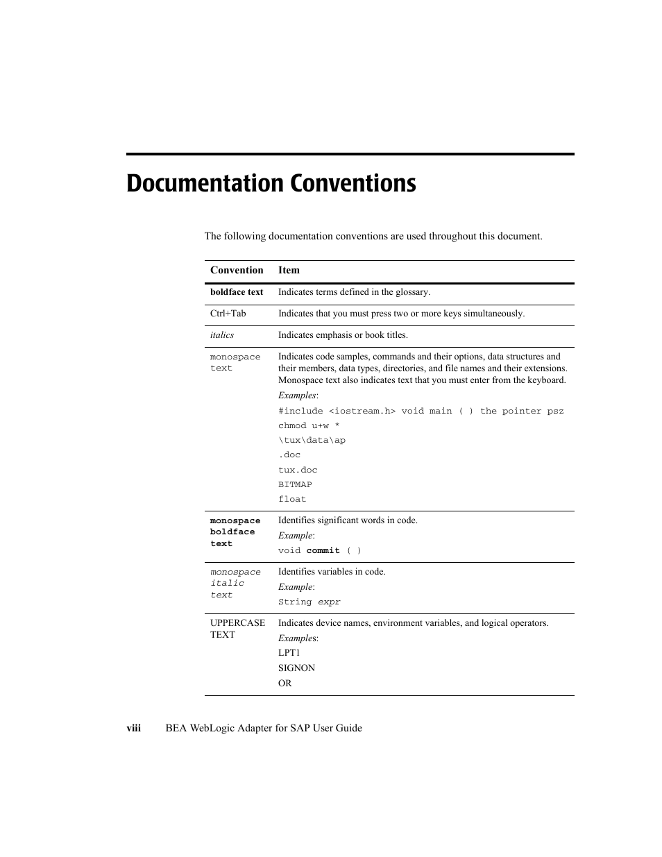 Documentation conventions | BEA WebLogic Adapter for SAP User Manual | Page 8 / 94