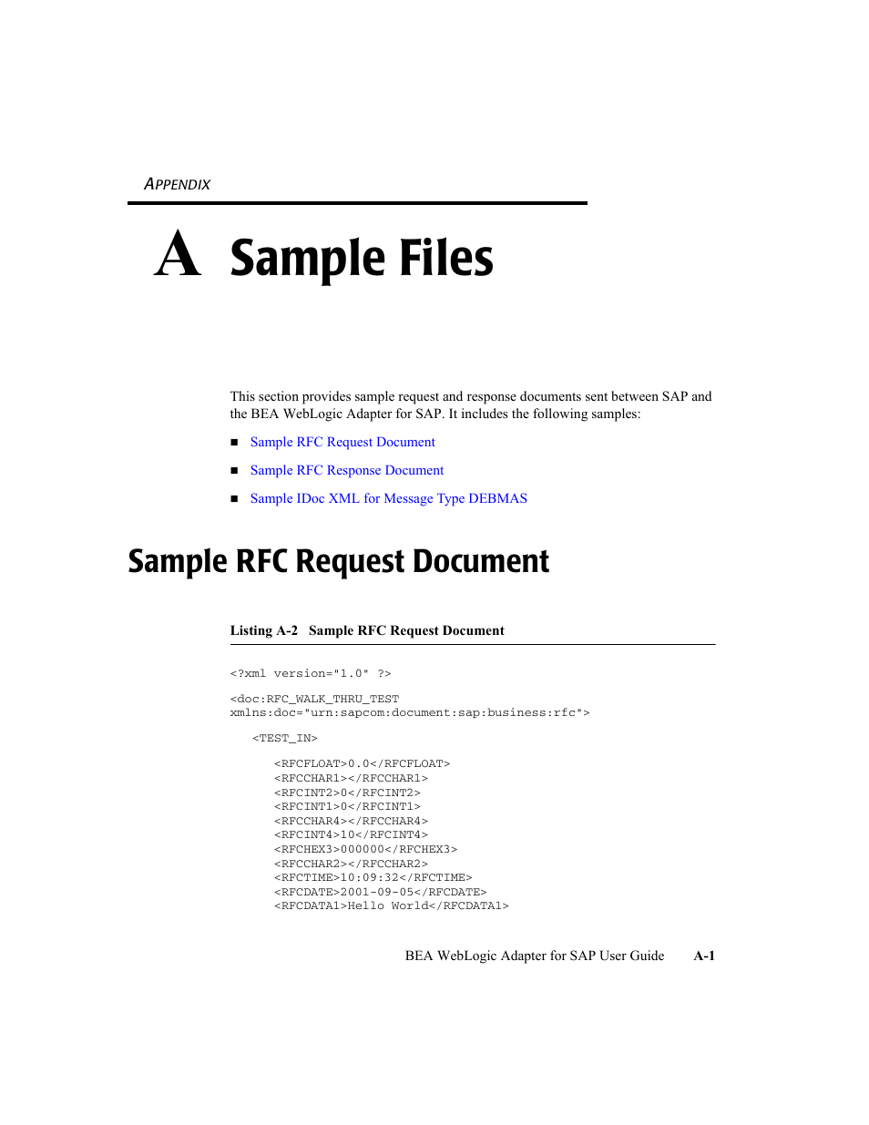 A sample files, Sample rfc request document, A. sample files | Appendix a, “sample files, Sample files | BEA WebLogic Adapter for SAP User Manual | Page 87 / 94