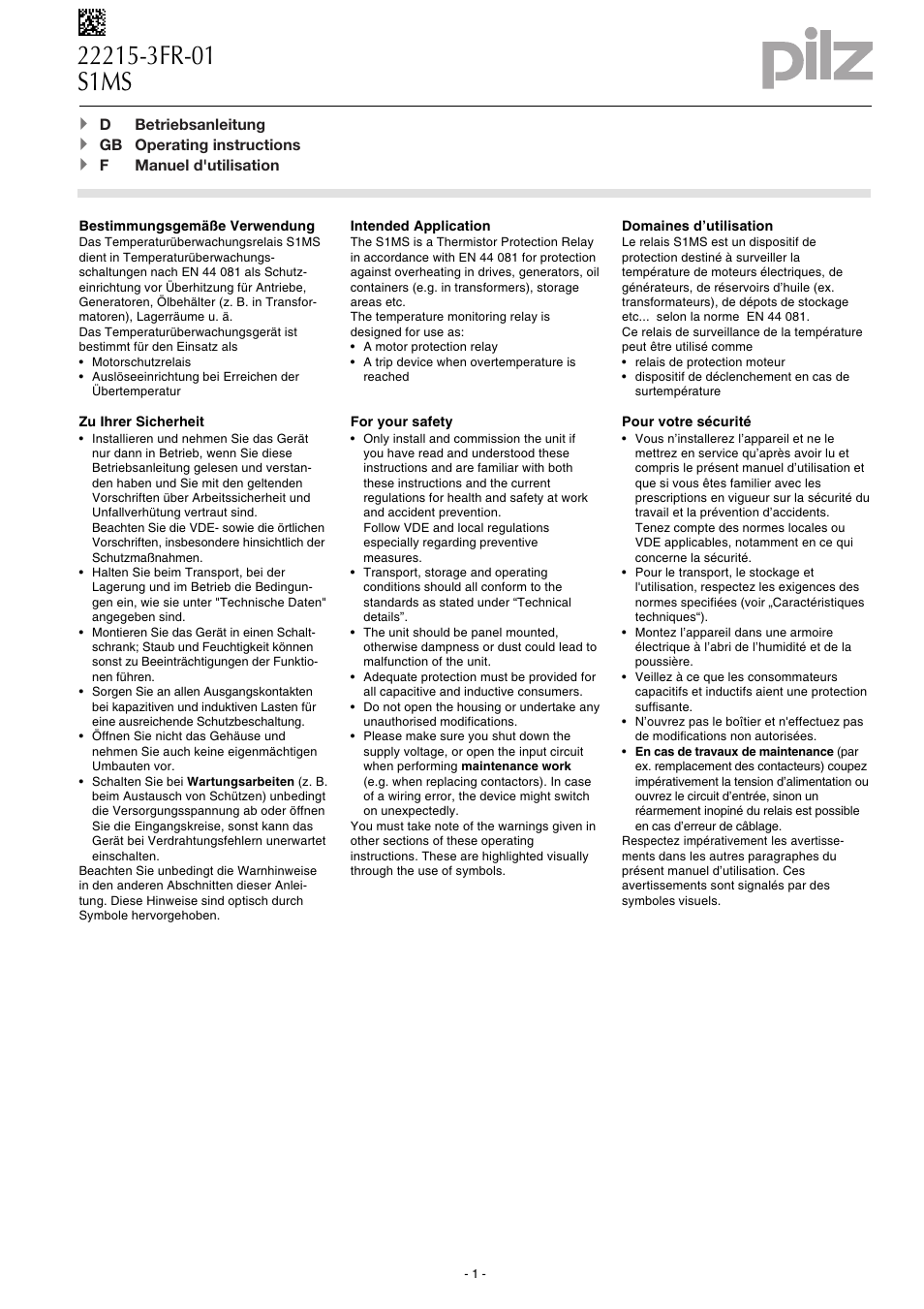 Pilz S1MS 24VAC/DC 2c/o User Manual | 8 pages