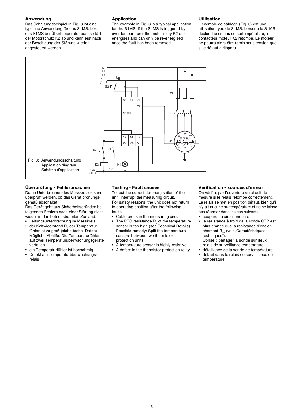 Anwendung, Application, Utilisation | Überprüfung - fehlerursachen, Testing - fault causes, Vérification - sources d’erreur | Pilz S1MS 24VAC/DC 2c/o User Manual | Page 5 / 8