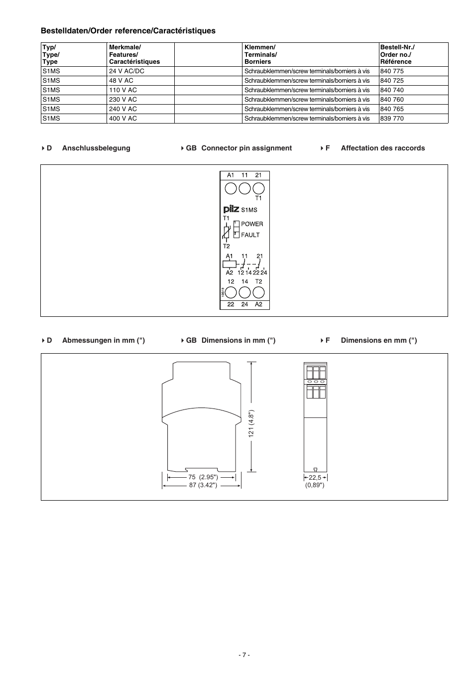 Bestelldaten/order reference/caractéristiques | Pilz S1MS 24VAC/DC 2c/o User Manual | Page 7 / 8