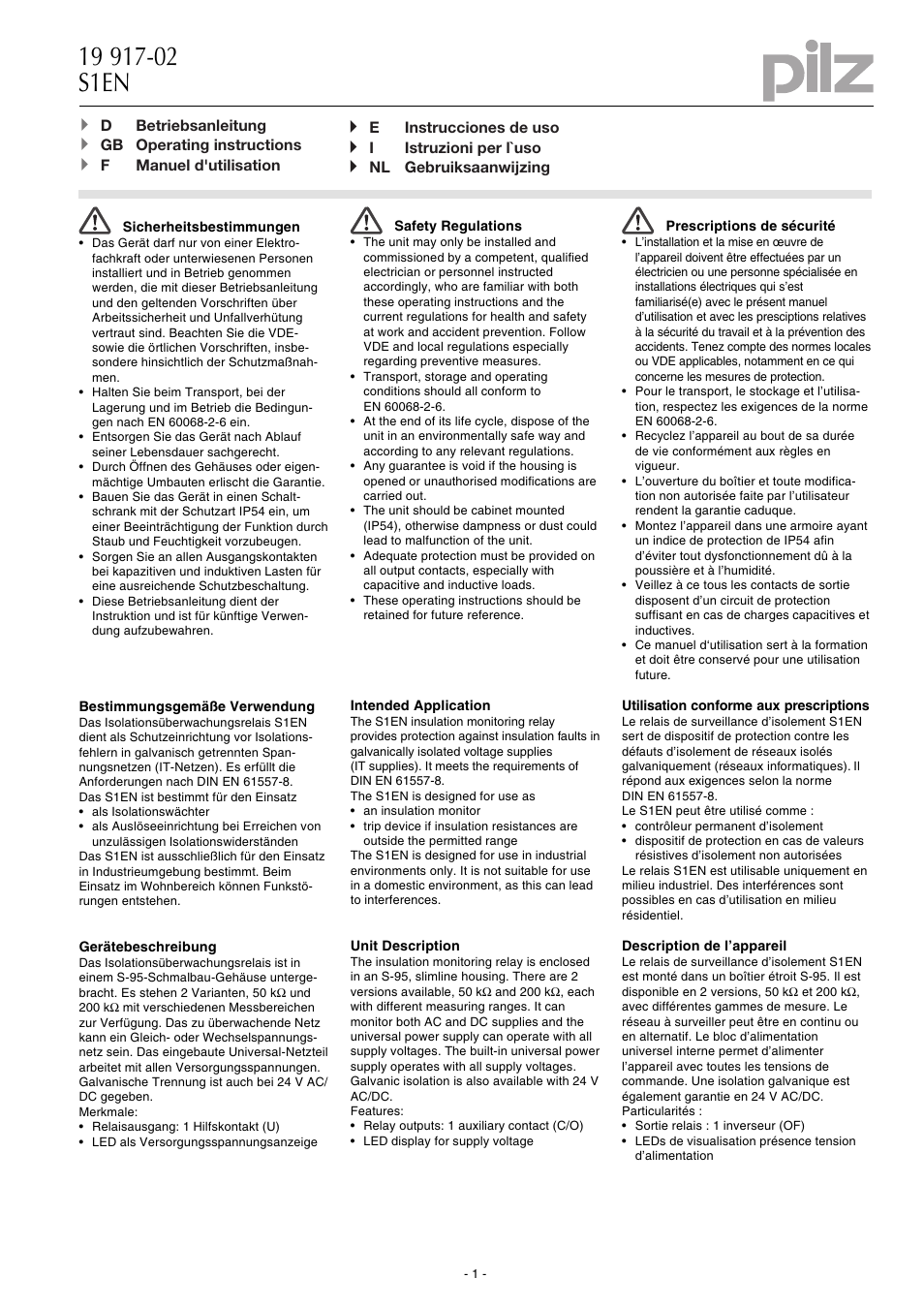 Pilz S1EN 200KOhm 24-240VAC/DC User Manual | 16 pages