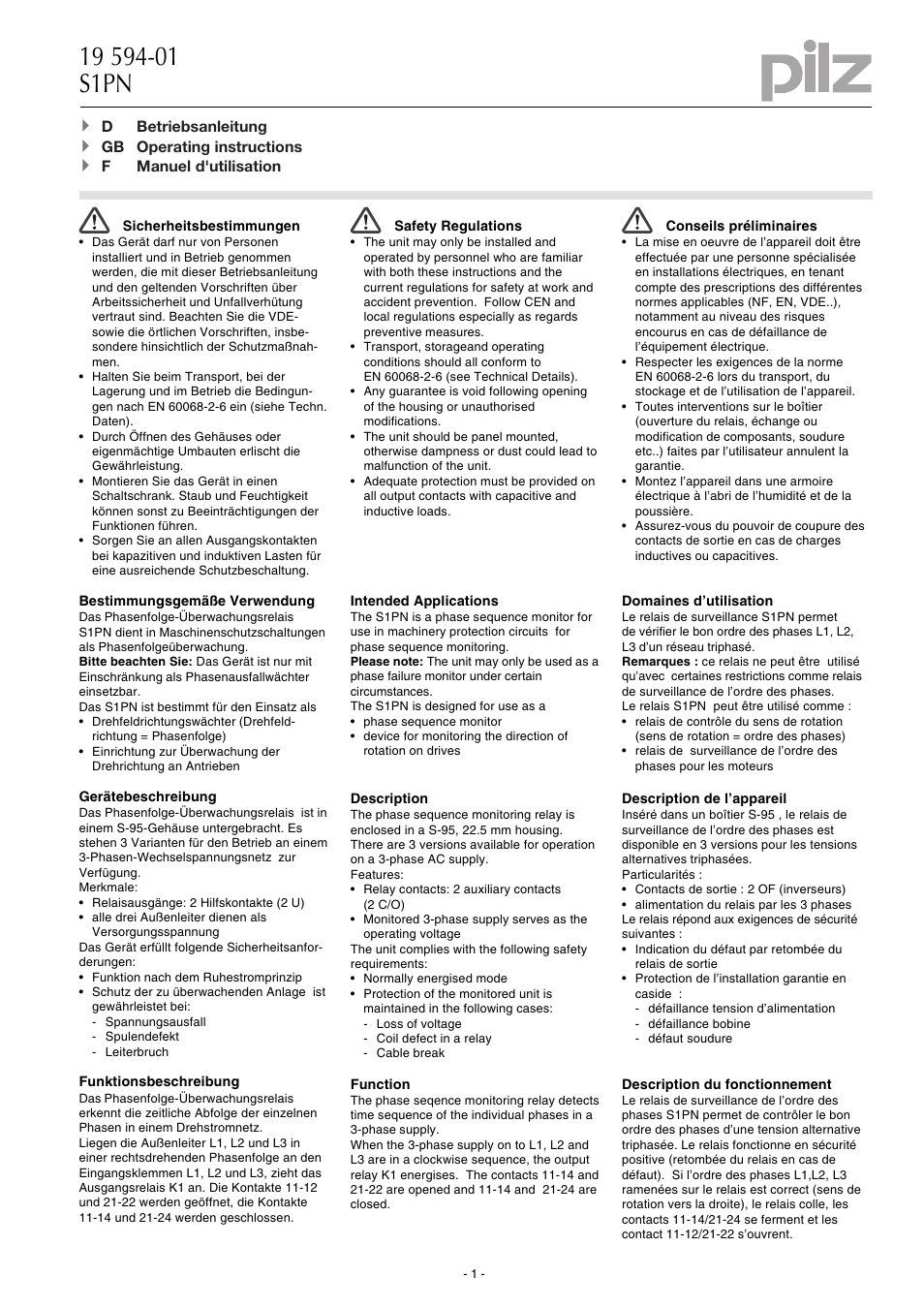 Pilz S1PN 550-690VAC 2c/o User Manual | 6 pages