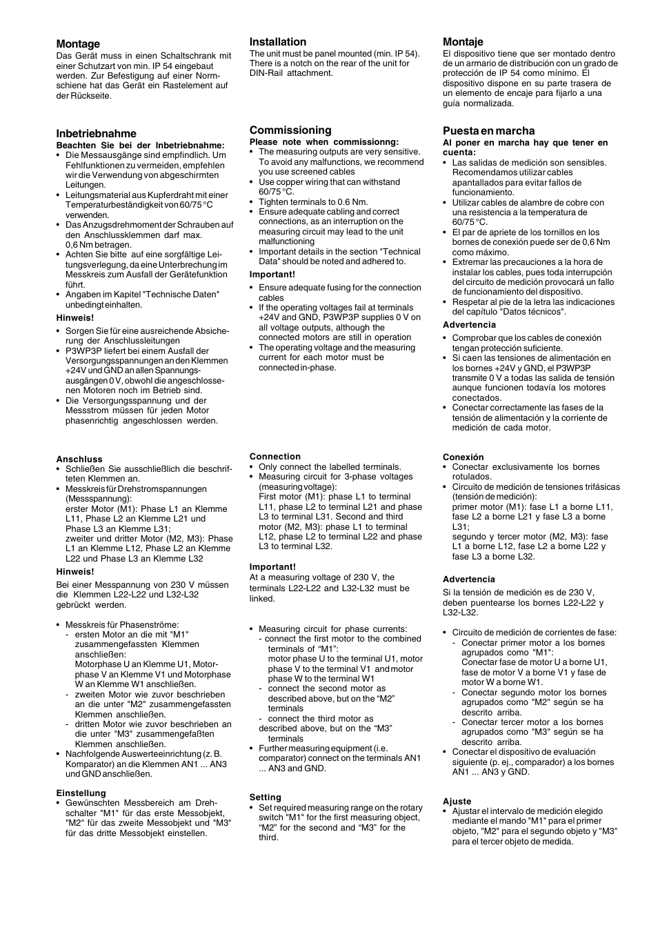 Montage, Inbetriebnahme, Installation | Commissioning, Montaje, Puesta en marcha | Pilz P3WP3P C/5A/400VAC User Manual | Page 3 / 6